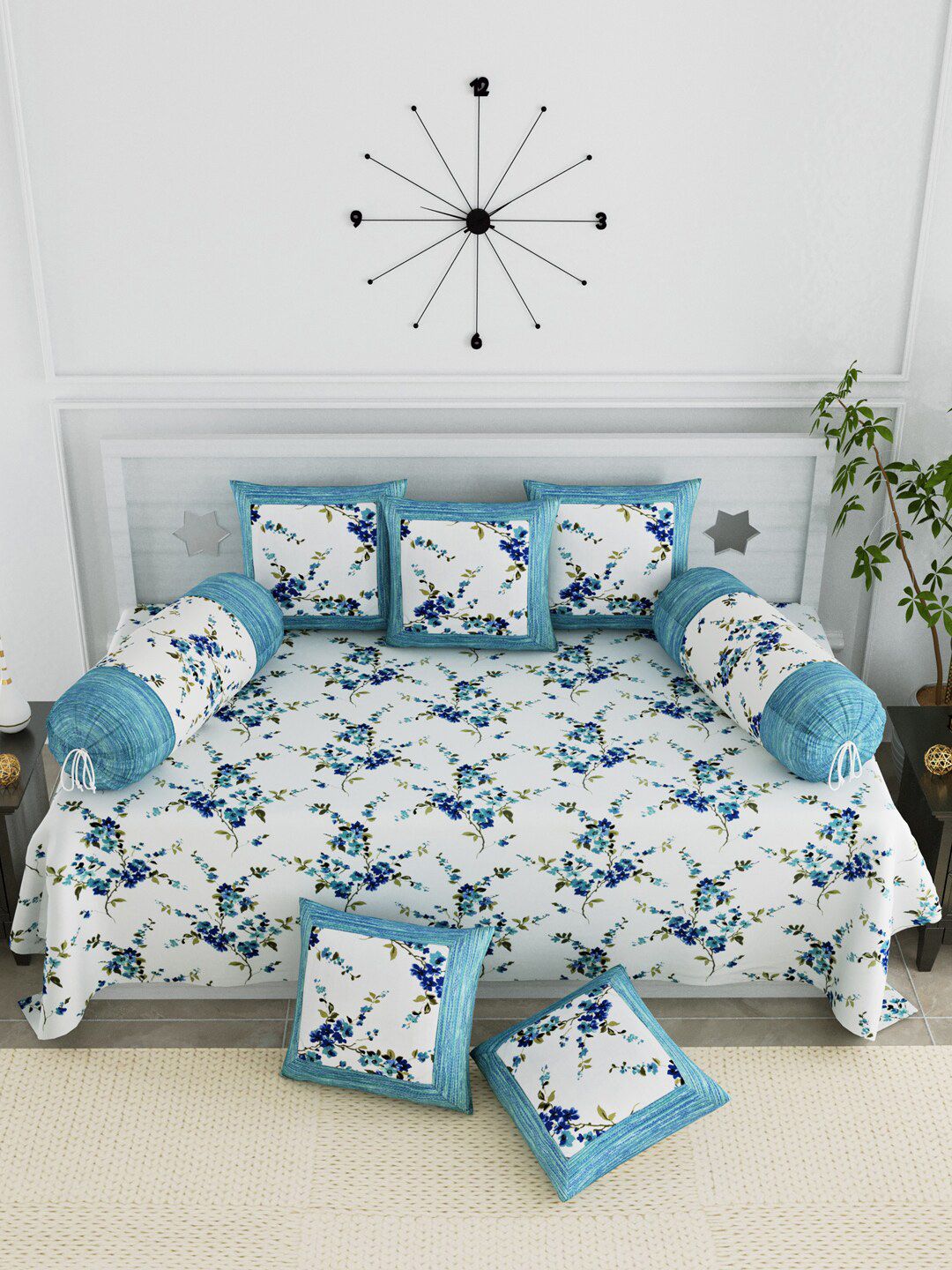 LIVING ROOTS Set Of 8 White & Blue Floral Printed Pure Cotton Diwan Set Price in India