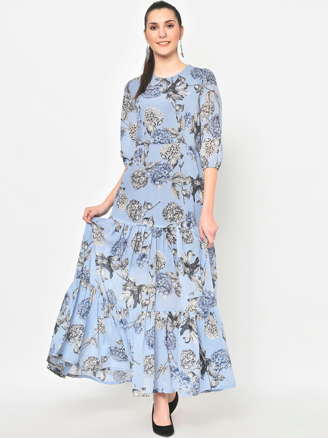 DESI WOMANIYA Blue Floral Printed Georgette Tiered Maxi Dress Price in India