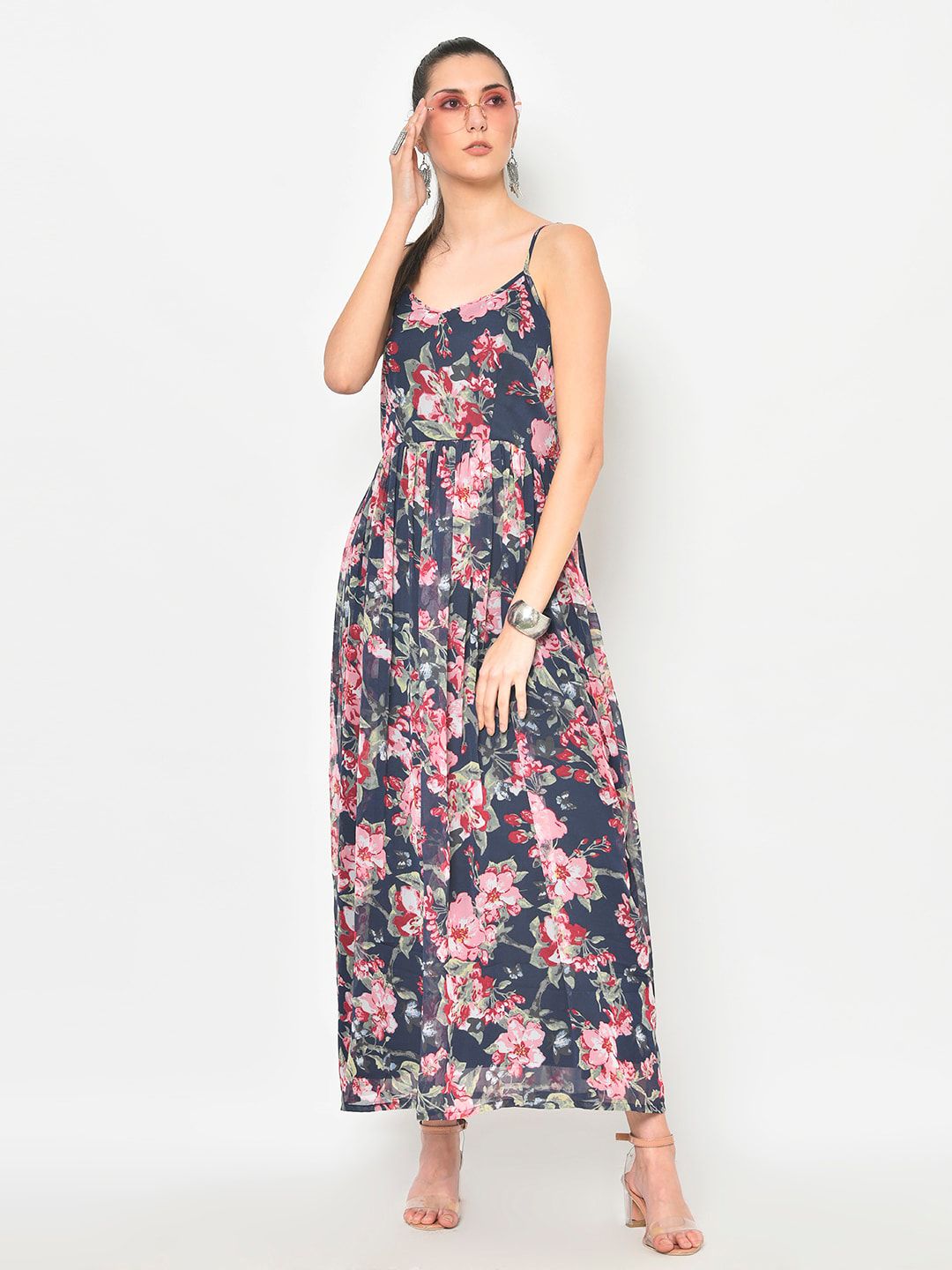 DESI WOMANIYA Women Blue & Pink Floral Printed Empire Maxi Dress Price in India