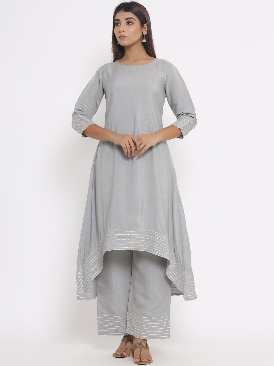 Silai Bunai Women Grey Empire Kurta with Churidar & With Dupatta