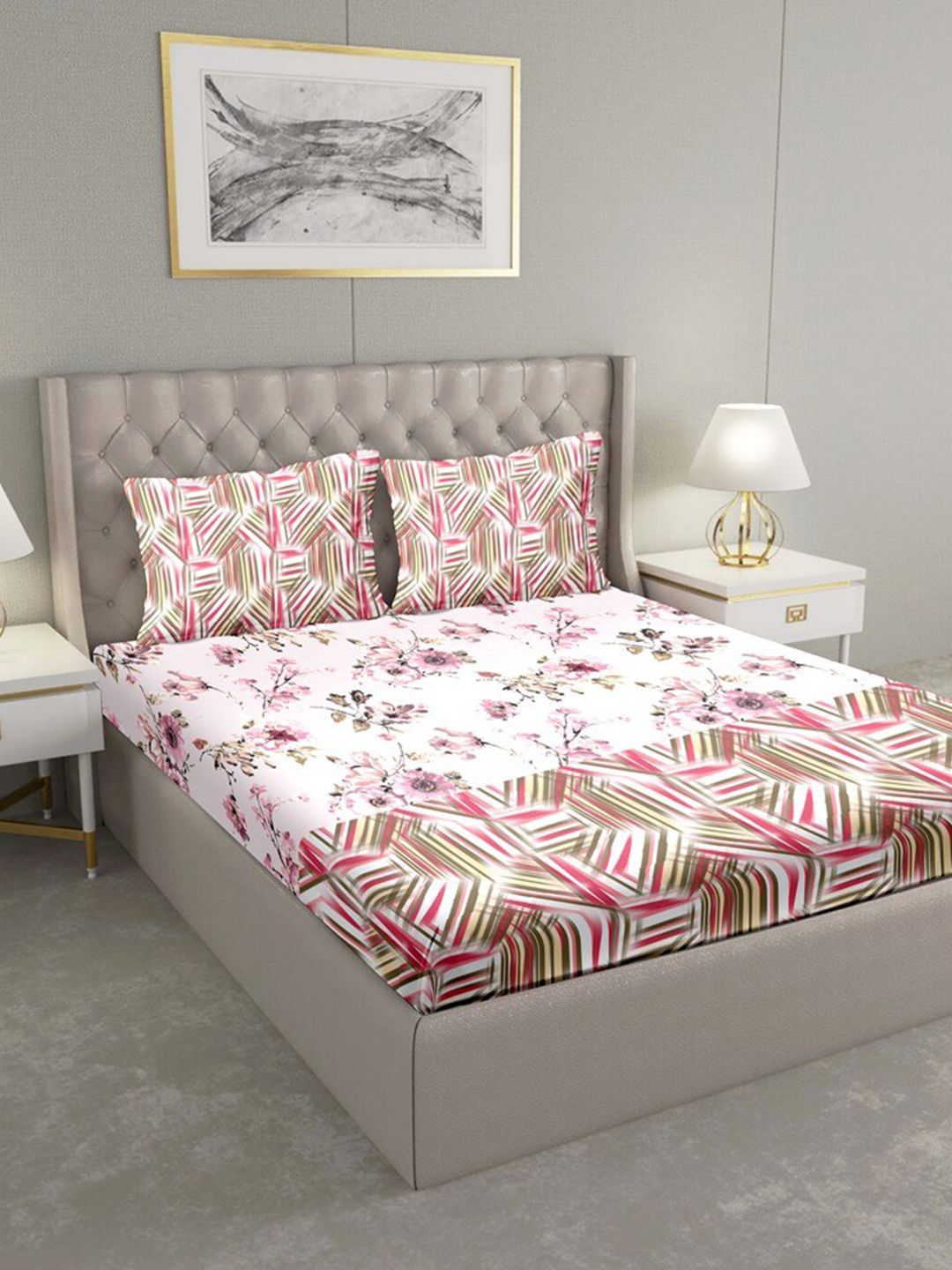 BELLA CASA White & Pink Floral 180 TC Cotton King Bedsheet with 2 Pillow Covers Price in India