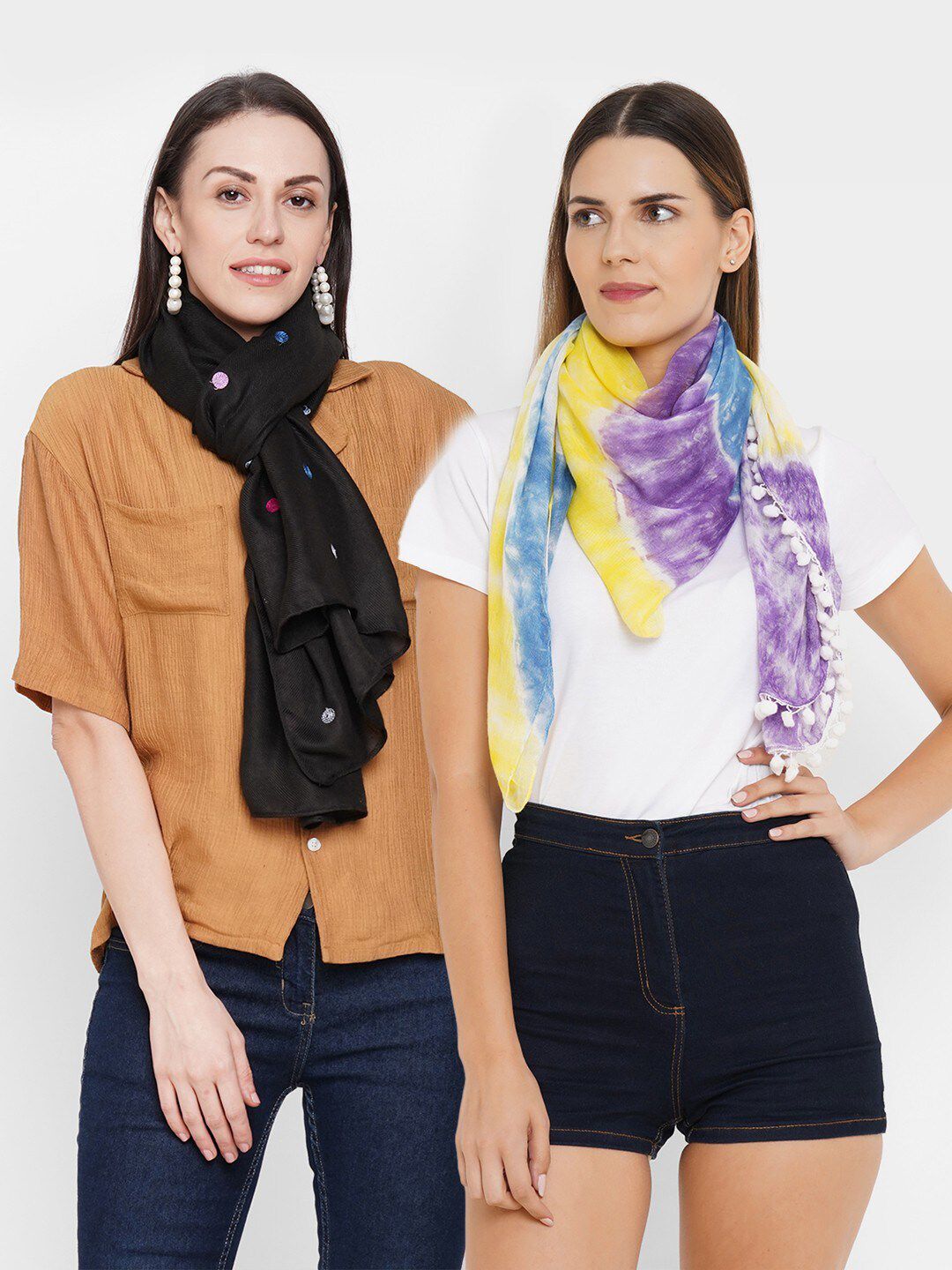 Get Wrapped Women Black & Multicoloured Tie-Dye & Embroidered Scarf Price in India