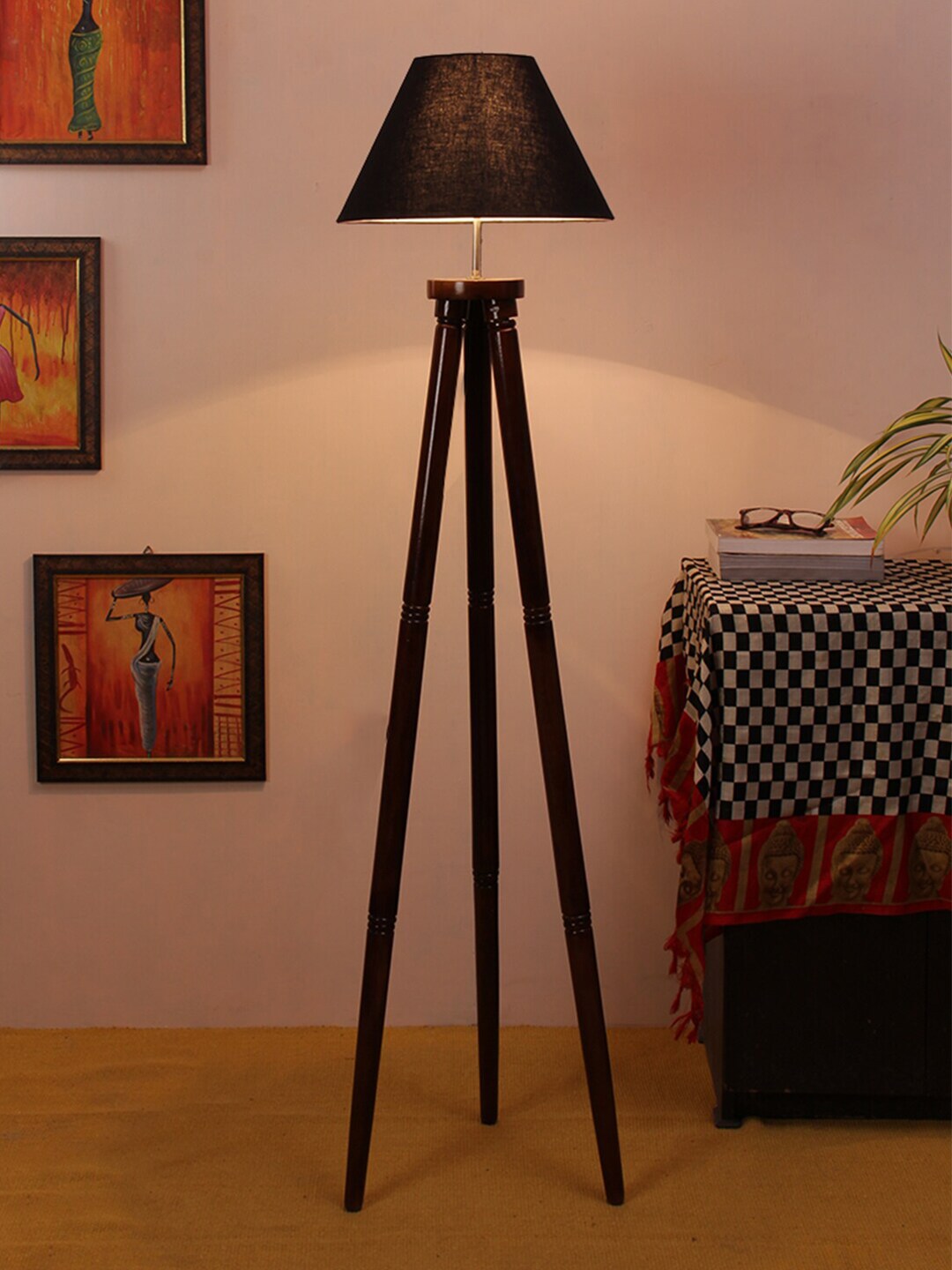 Devansh Black & Brown Traditional Wooden Tripod Lamp with Shade Price in India