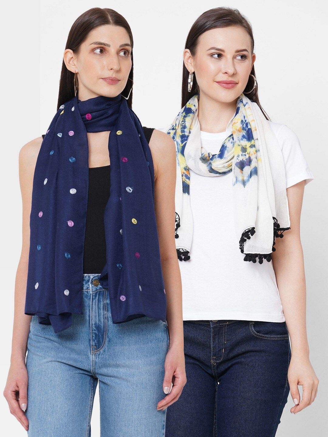 Get Wrapped Women Navy Blue & White Scarf Price in India