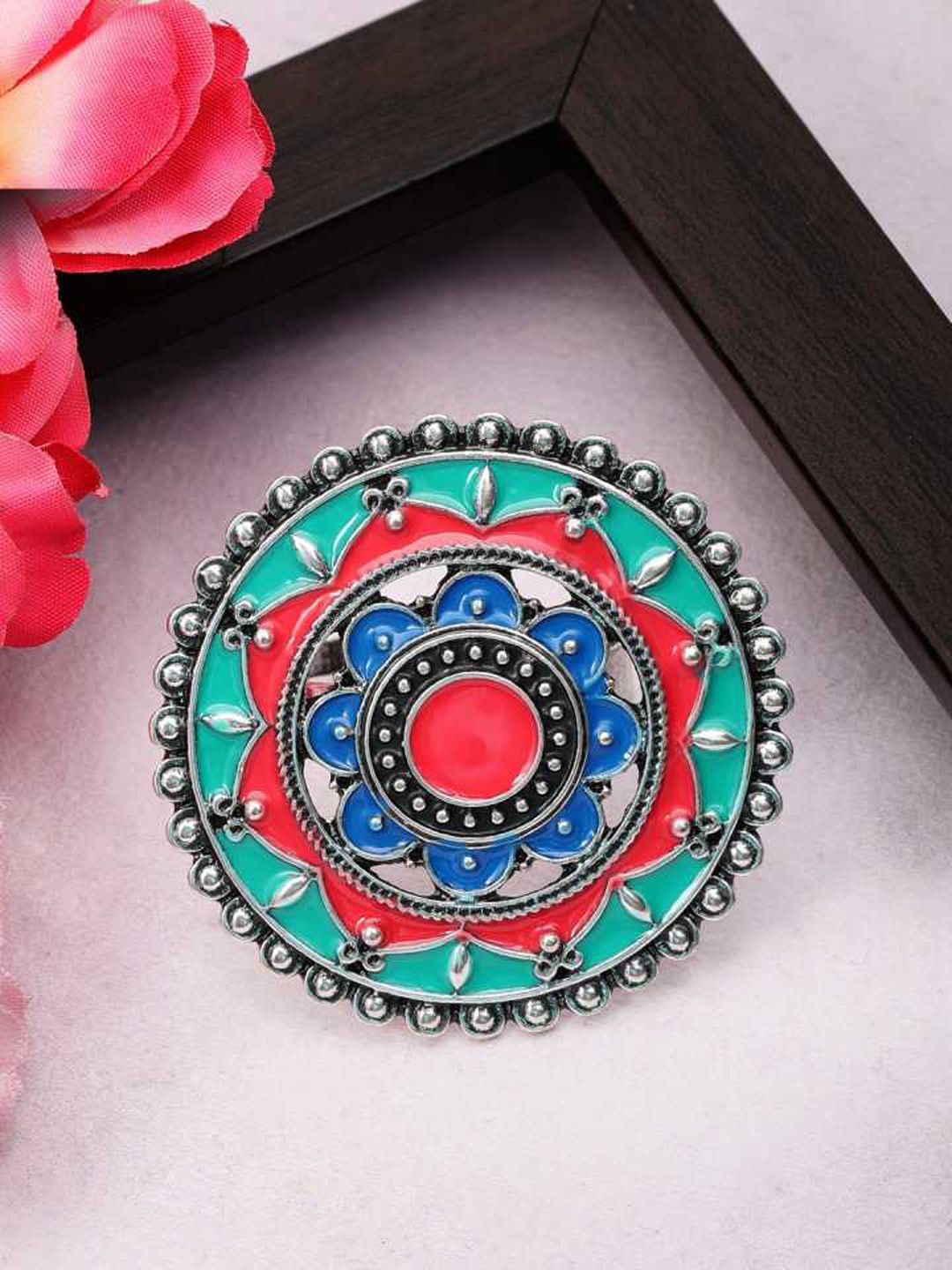 Rubans Silver Toned Multi Enamelled Oxidized Silver-Plated Handcrafted Finger Ring Price in India