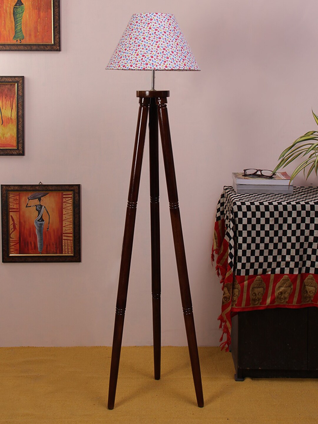 Devansh White & Brown Printed Conical Wooden Tripod Lamp Price in India
