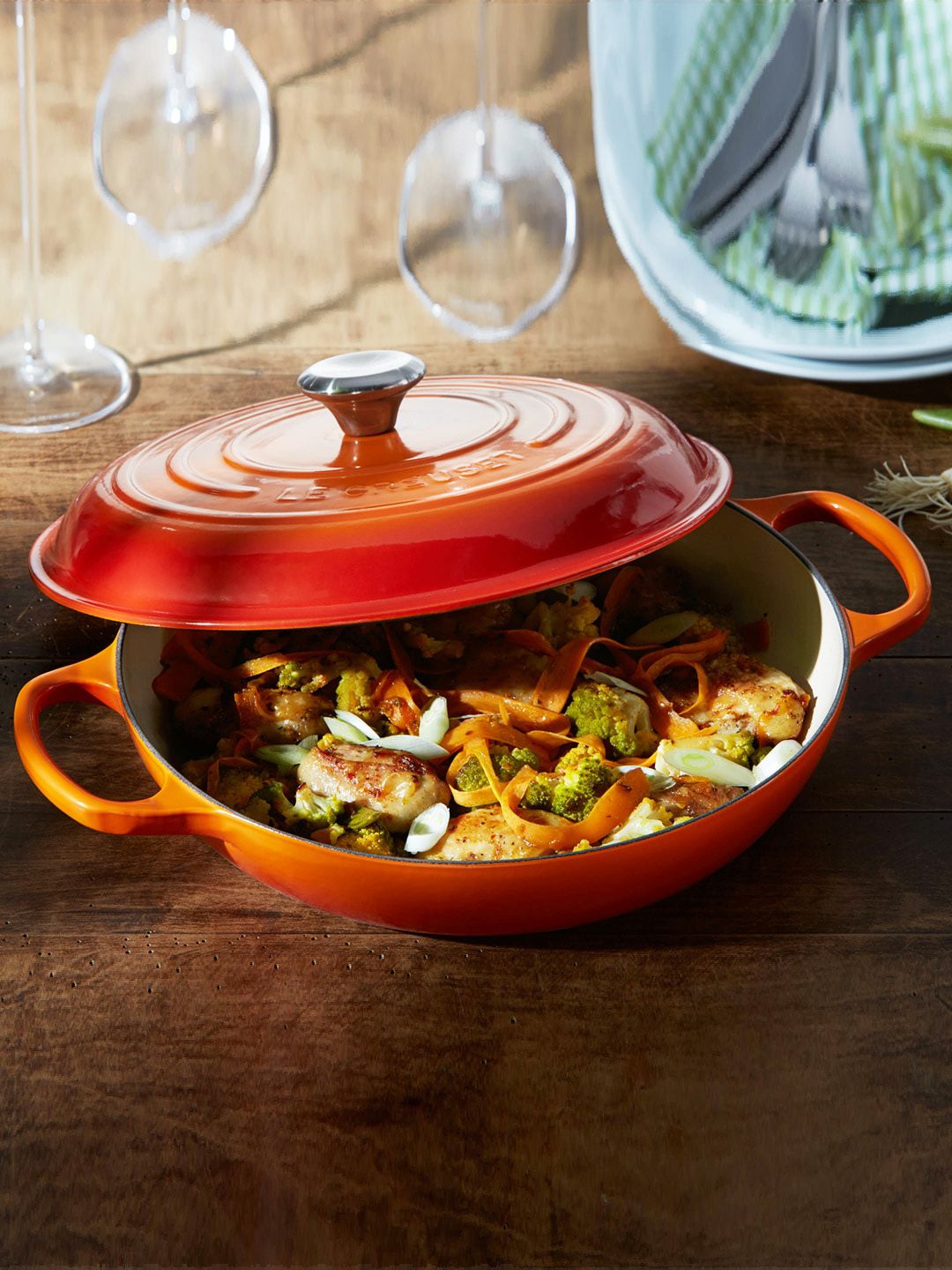 LE CREUSET Orange & Silver-Toned Solid Wok With Lid Price in India