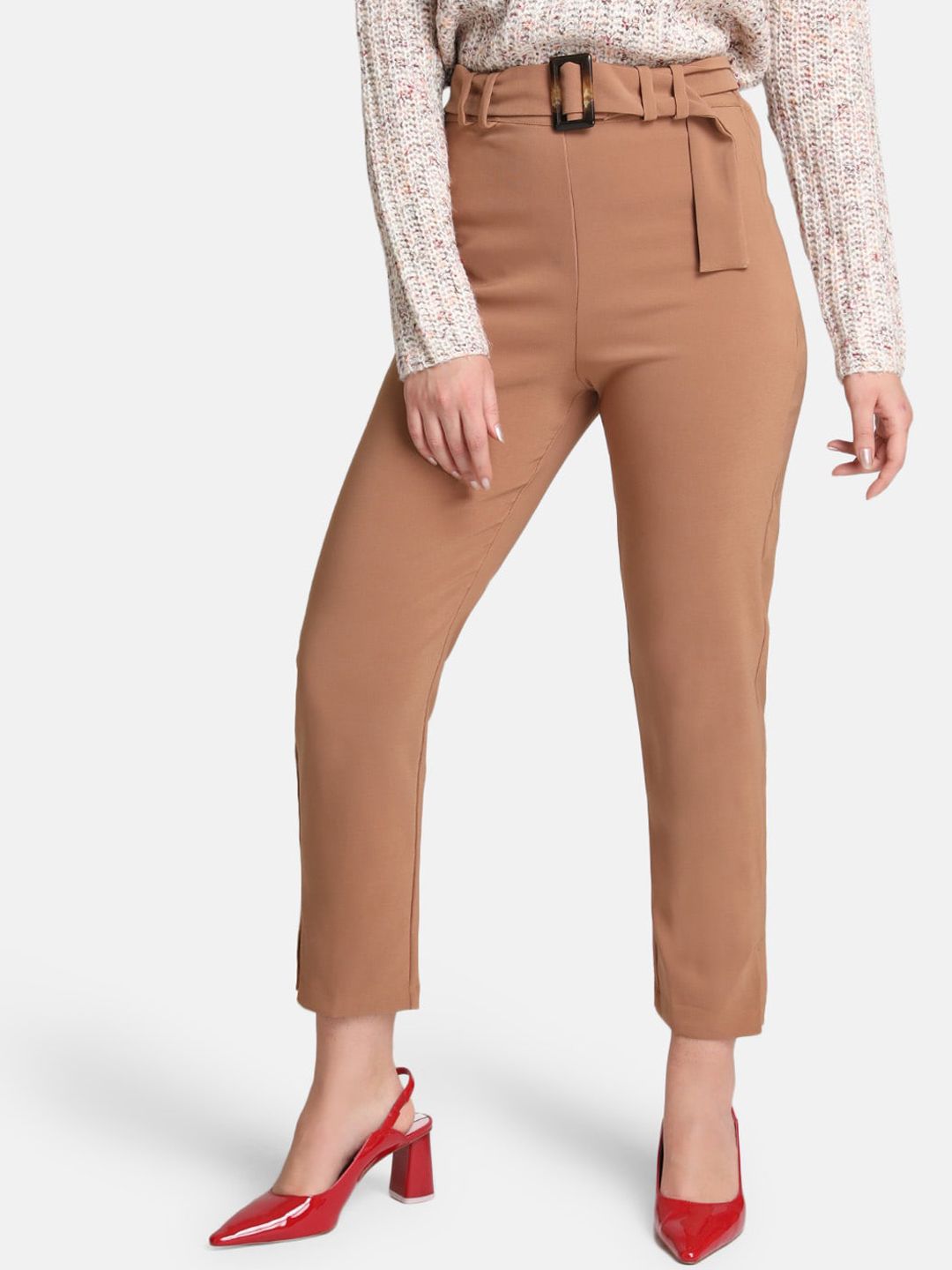 Kazo Women Beige Regular Trousers with Belt Detail