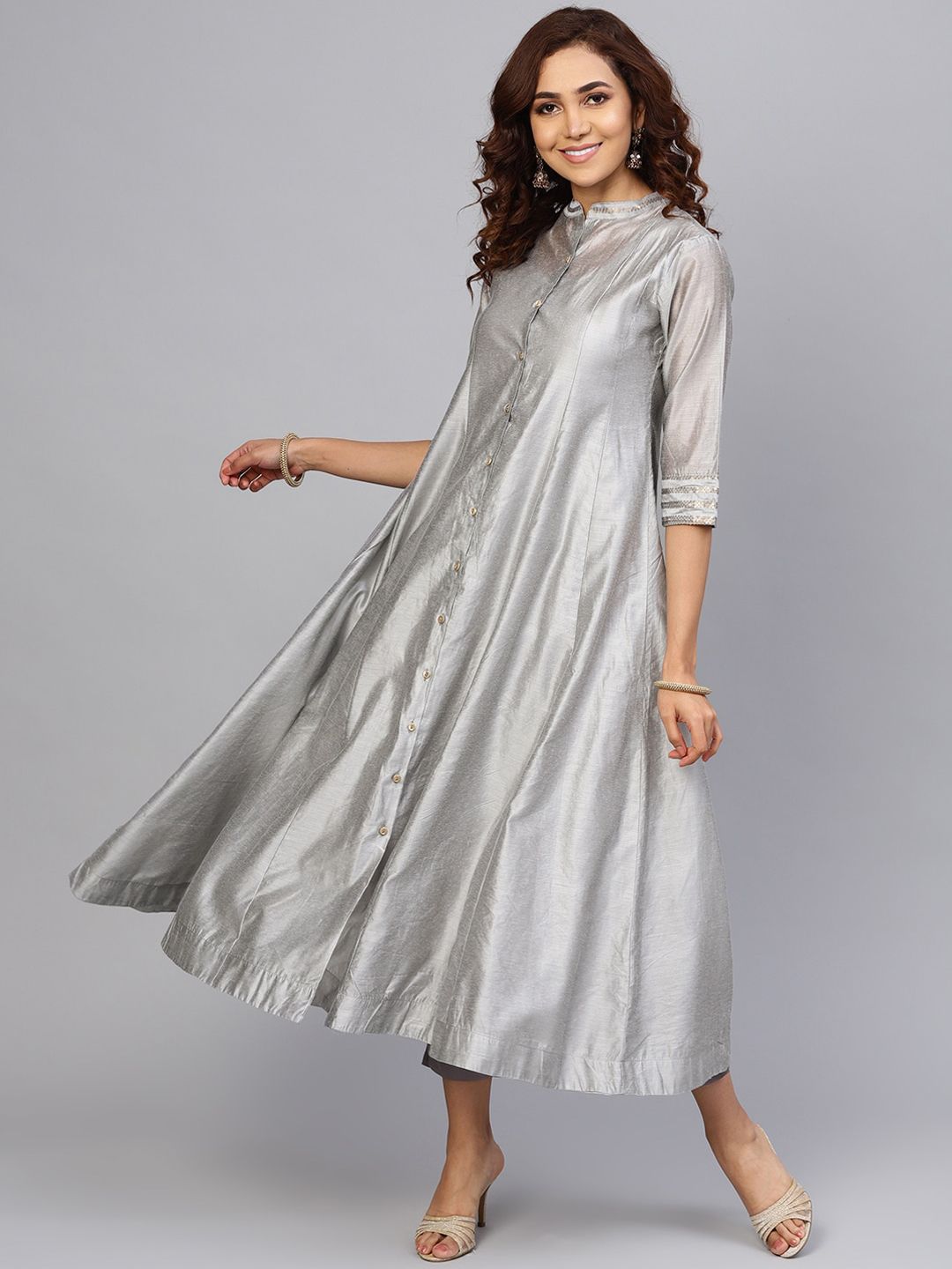 Juniper Women Grey Gota Patti Chanderi Silk Anarkali Kurta With Detachable Lining Price in India