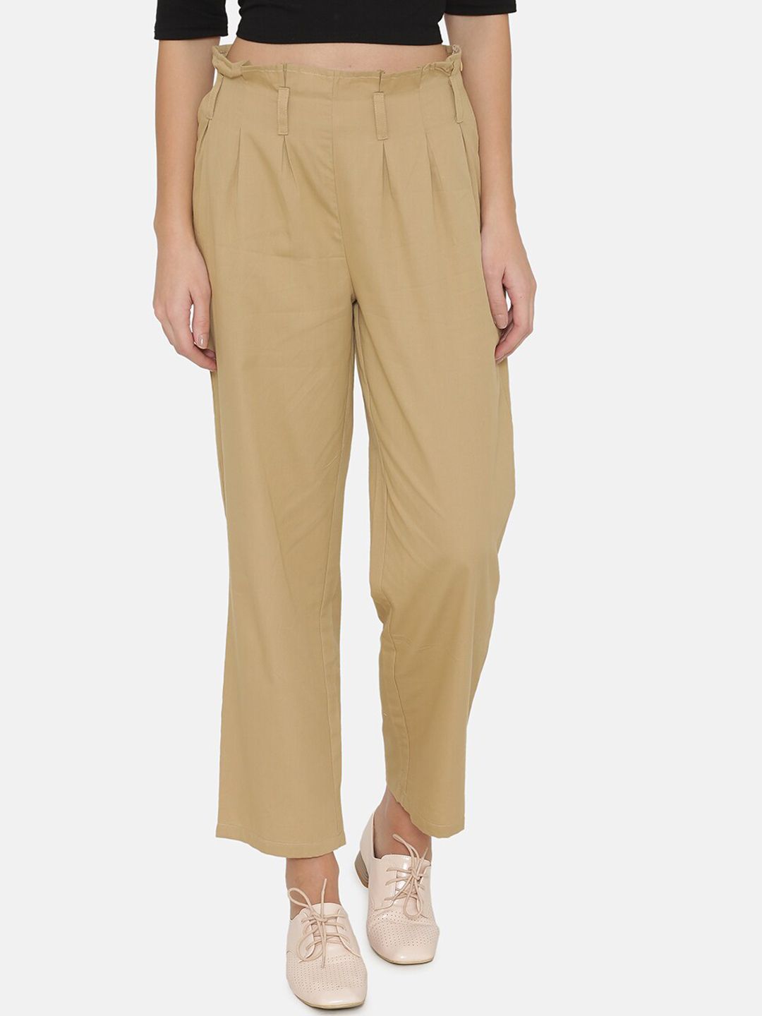 Yaadleen Women Khaki Straight Fit Pleated Regular Trousers