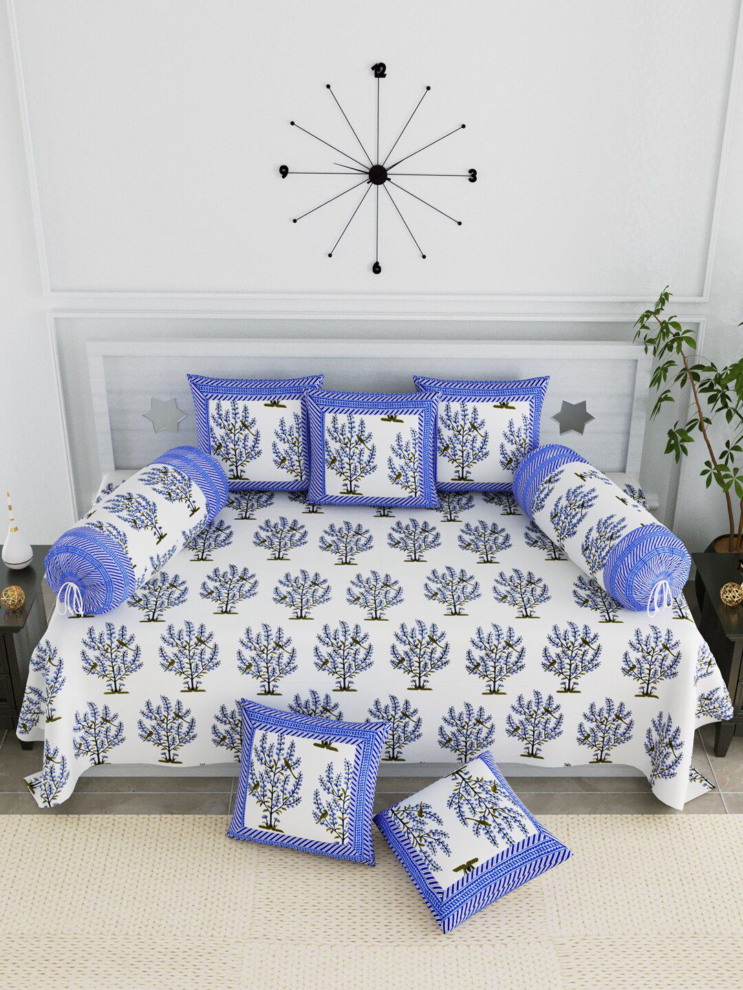 LIVING ROOTS Set Of 8 White & Blue Floral Printed Cotton Diwan Set Price in India