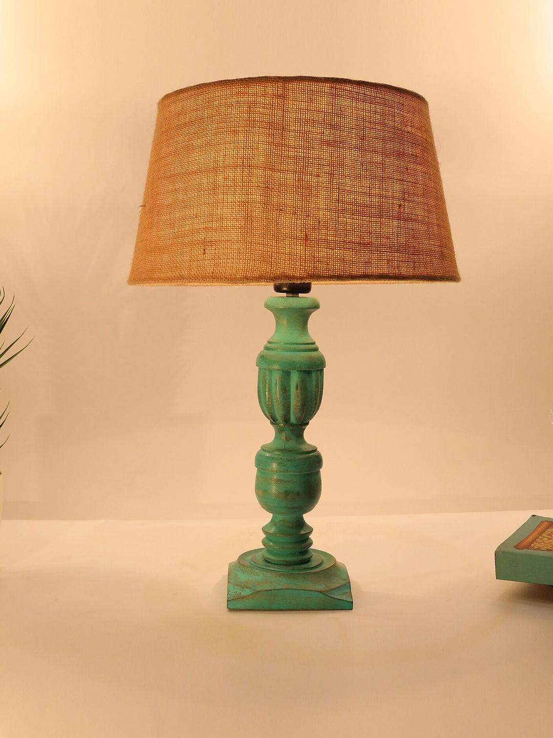 Homesake Beige & Green Contemporary French Trophy Handcrafted Table Lamp with Shade Price in India