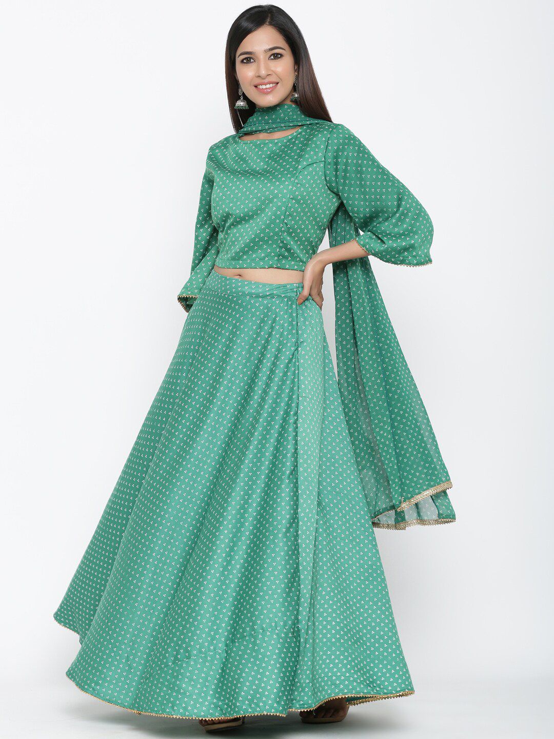 Juniper Green & White Printed Ready to Wear Lehenga & Blouse With Dupatta