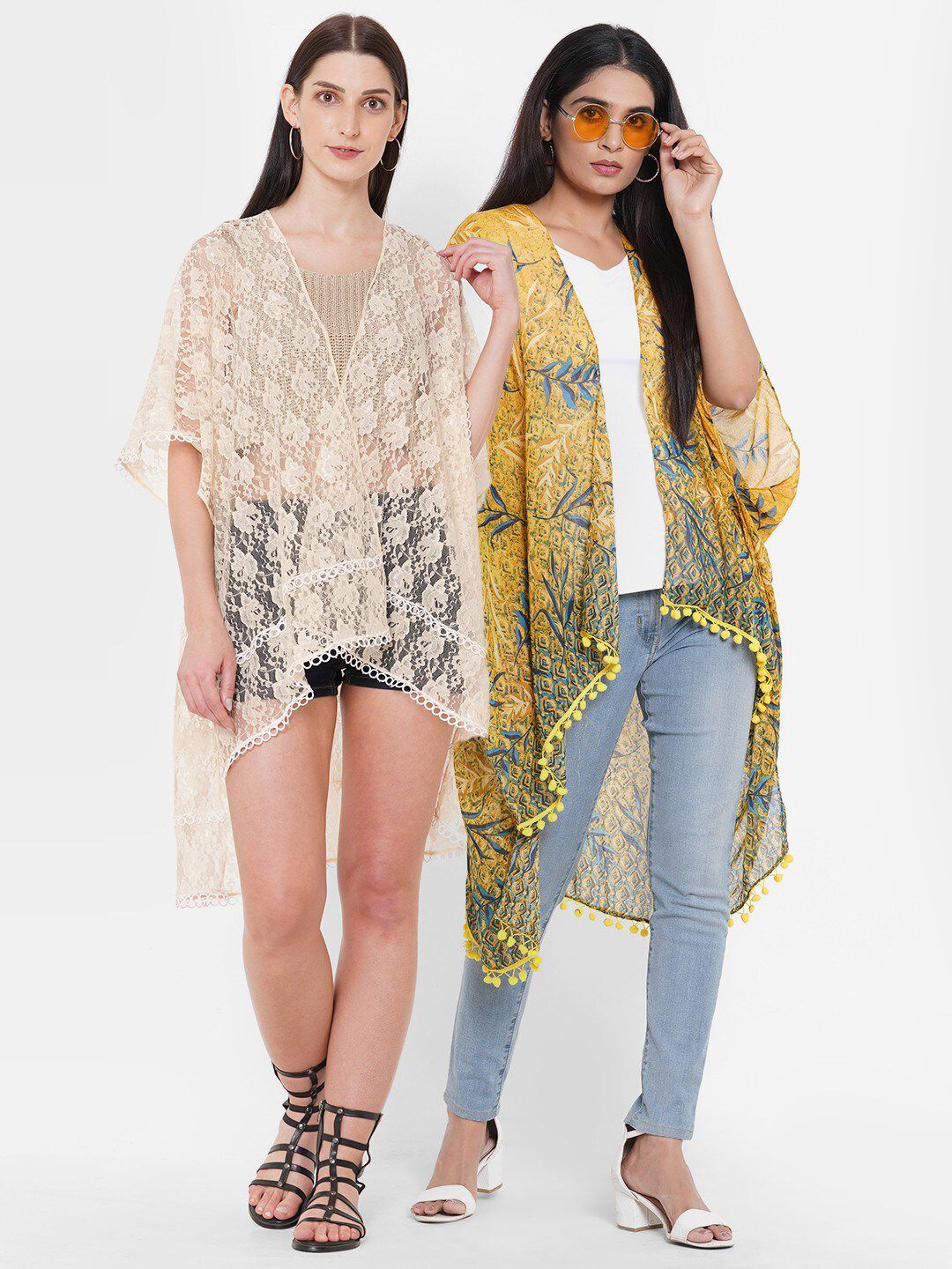 Get Wrapped Women Set of 2 Off White & Mustard Kimono Shrug Price in India