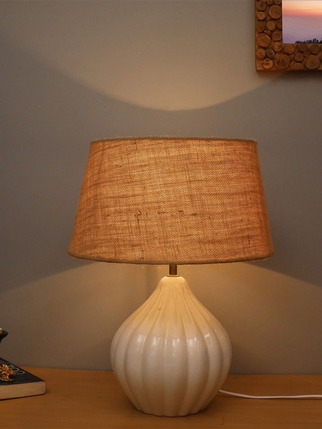 Homesake Beige & White Contemporary Handcrafted Bedside Standard Table Lamp with Shade Price in India