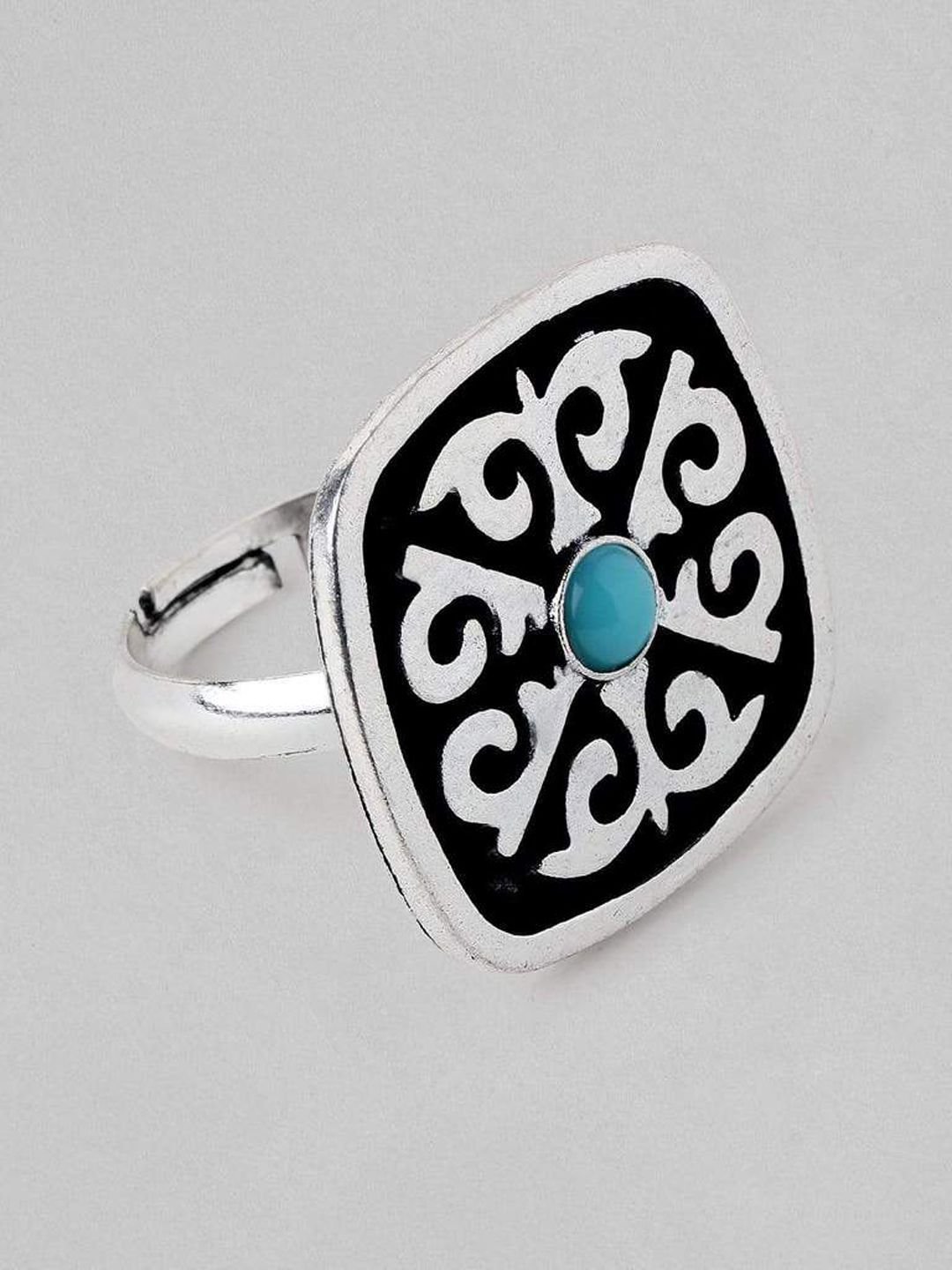 Rubans Oxidized Silver-Plated Black & Blue Stone Studded Handcrafted Finger Ring Price in India