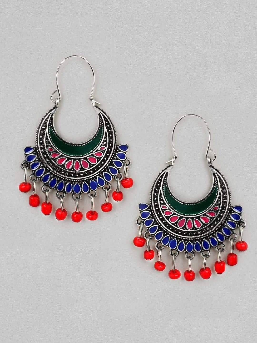 Rubans Silver Plated Oxidised Handcrafted Enamel Chandbali Earrings Price in India