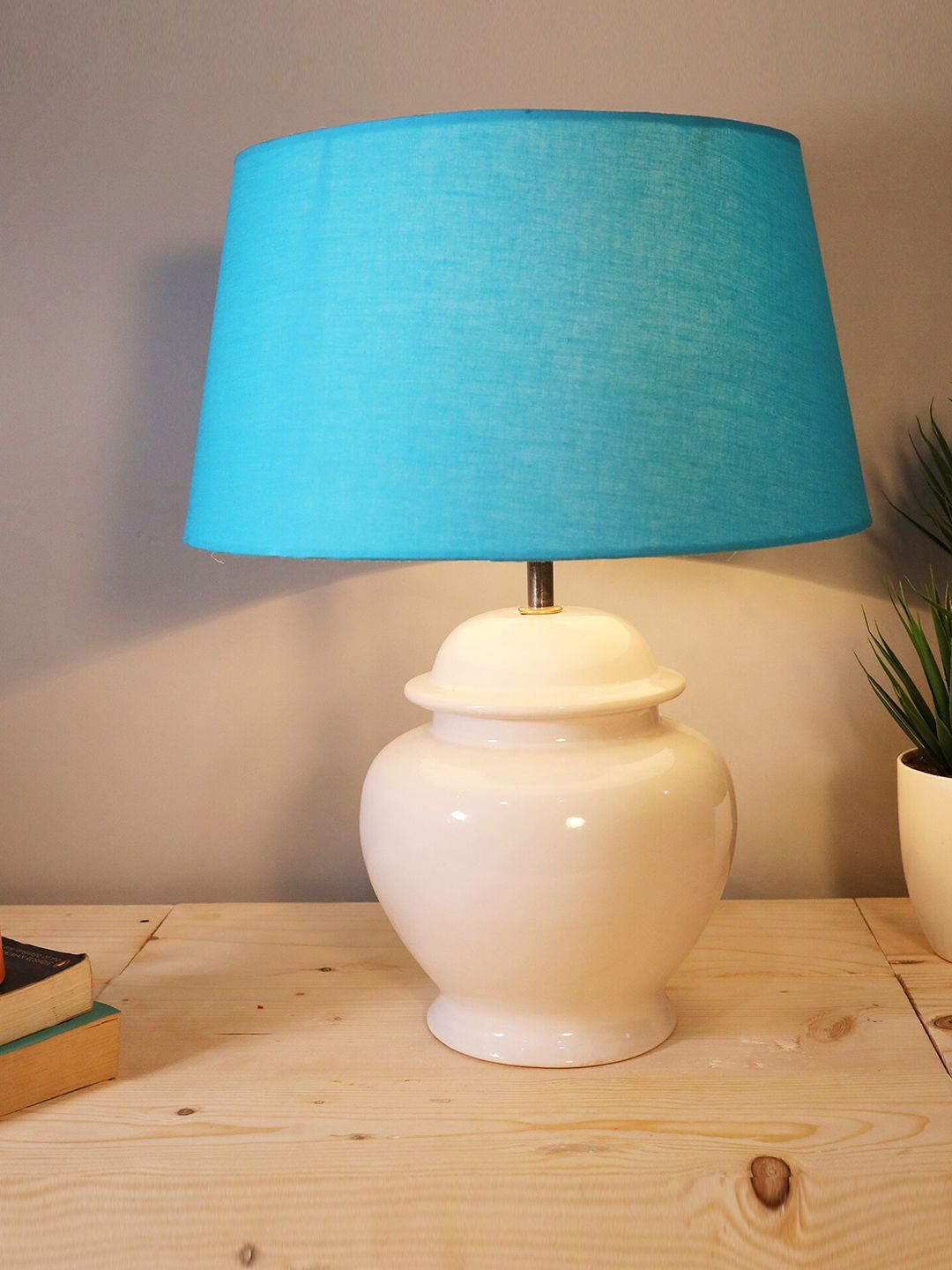 Homesake Turquoise Blue & White Contemporary Handcrafted Bedside Standard Table Lamp Price in India