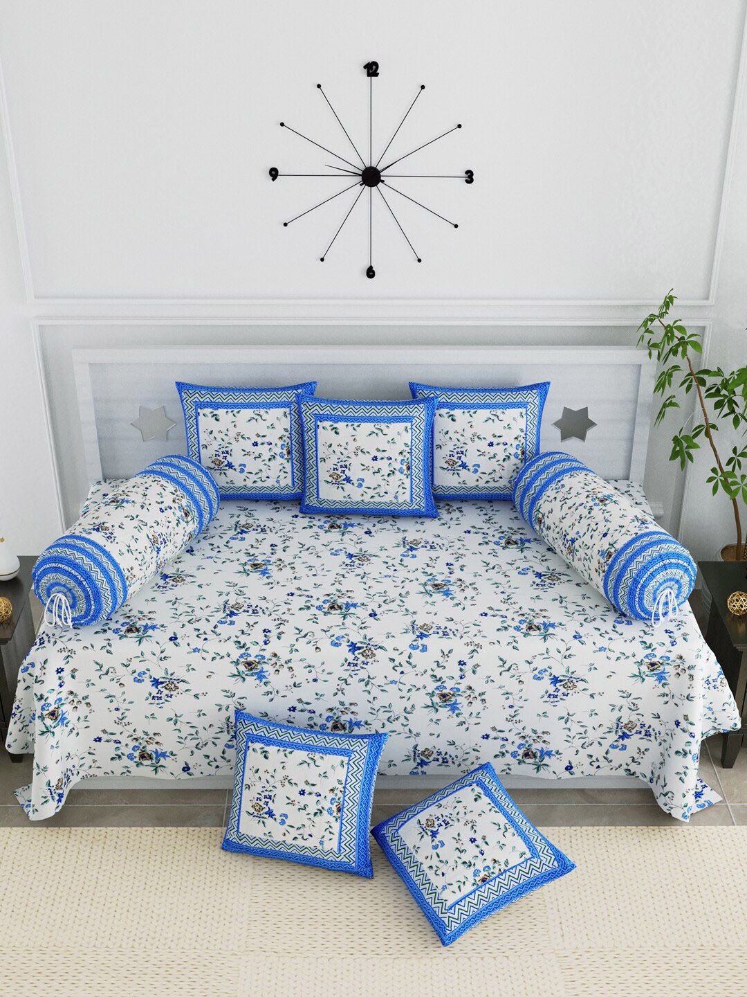 LIVING ROOTS Set Of 8 White & Blue Floral Diwan Set With Bolsters & Cushions Price in India