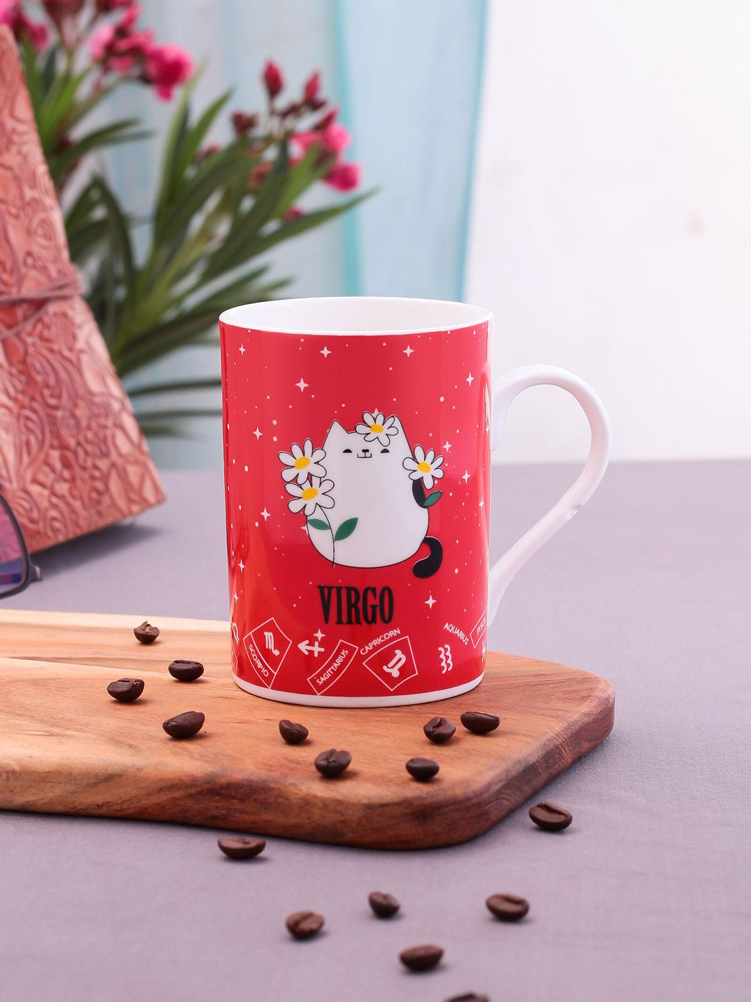 CLAY CRAFT Red & White Zodiac Printed Ceramic Glossy Mugs 350 ml Price in India