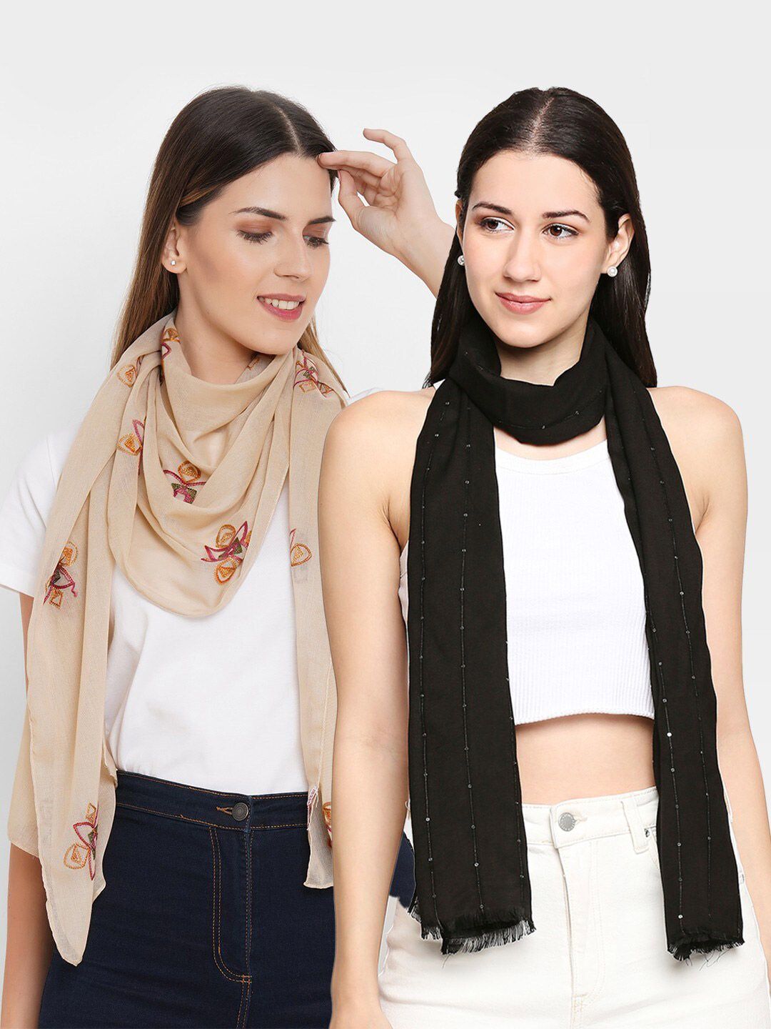 Get Wrapped Women Pack Of 2 Black & Beige Embroidered Scarf Price in India