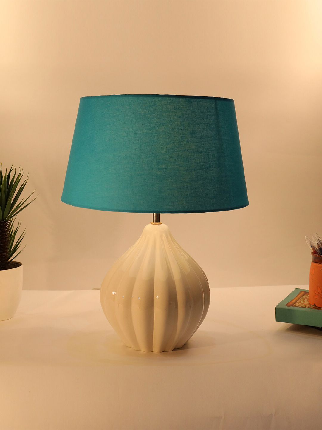 Homesake Turquoise Blue & White Contemporary Handcrafted Bedside Standard Table Lamp Price in India