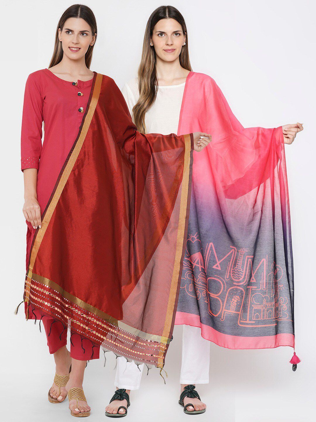 Get Wrapped Women Maroon & Pink Digital Printed Dupatta With Zari Combo Set Price in India