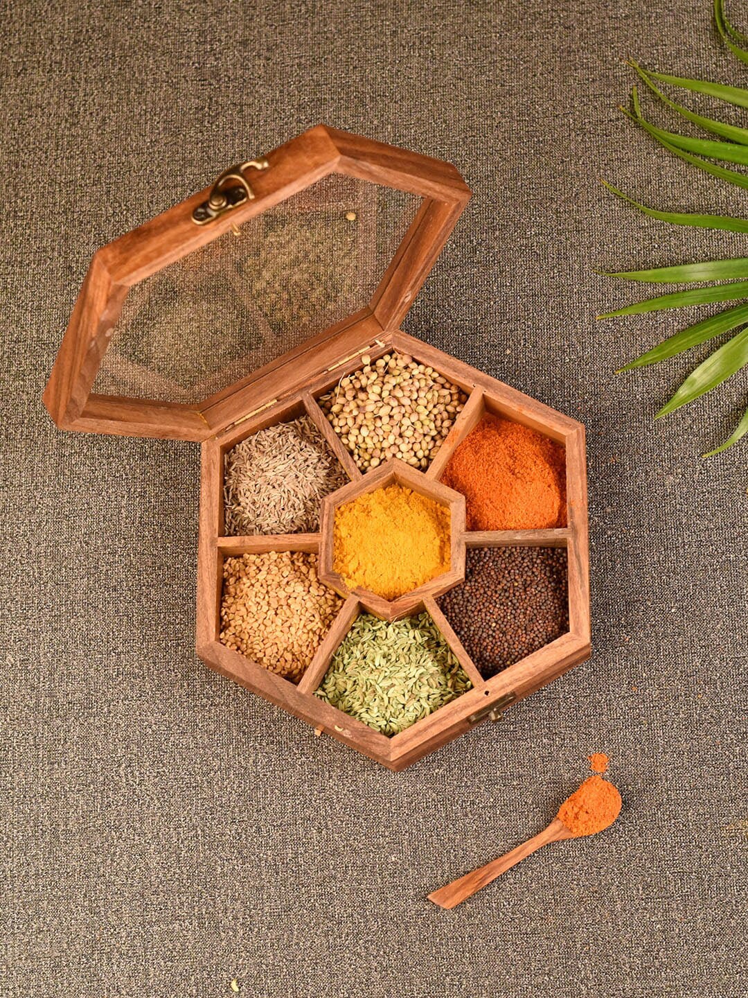 Unravel India Brown Solid Hexagonal Spice Box With Wooden Spoon Price in India