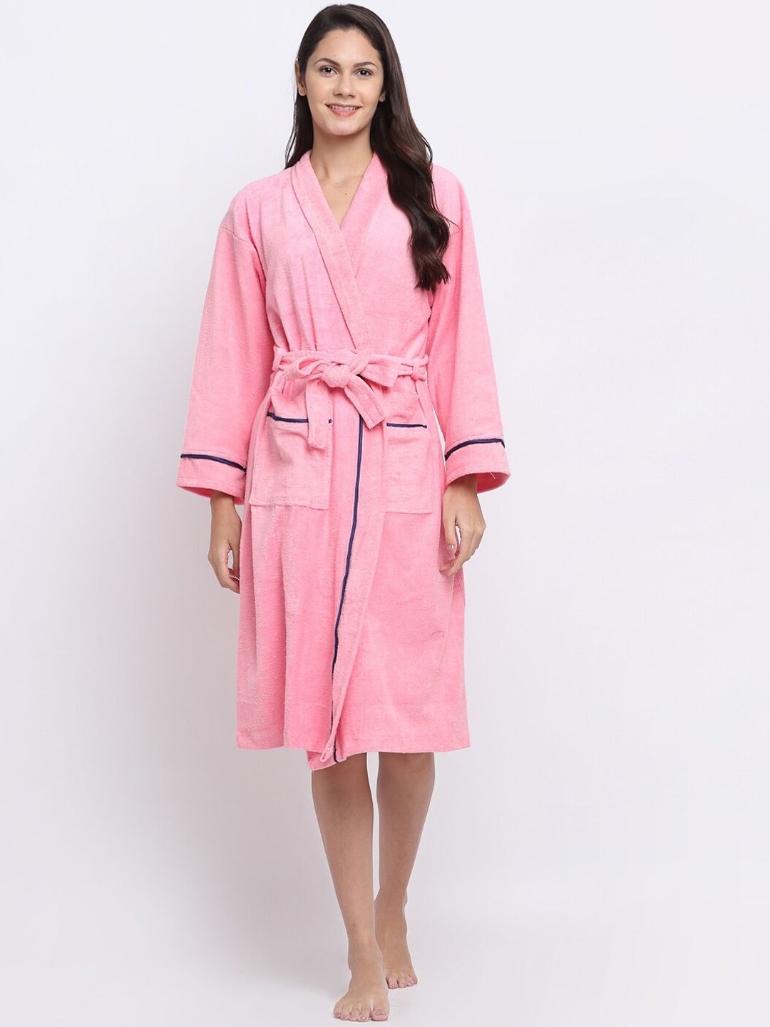 ELEVANTO Women Pink Solid Pure Cotton 380 GSM Bath Robe Price in India