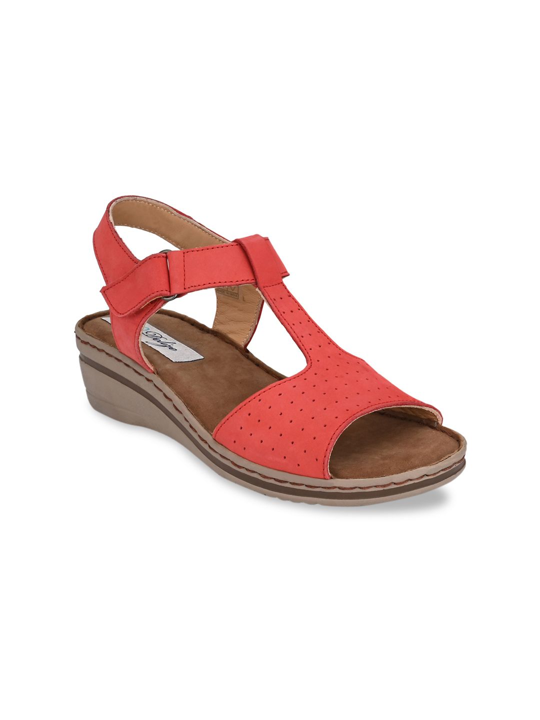 Delize Red Perforated Leather Wedge Sandals Price in India
