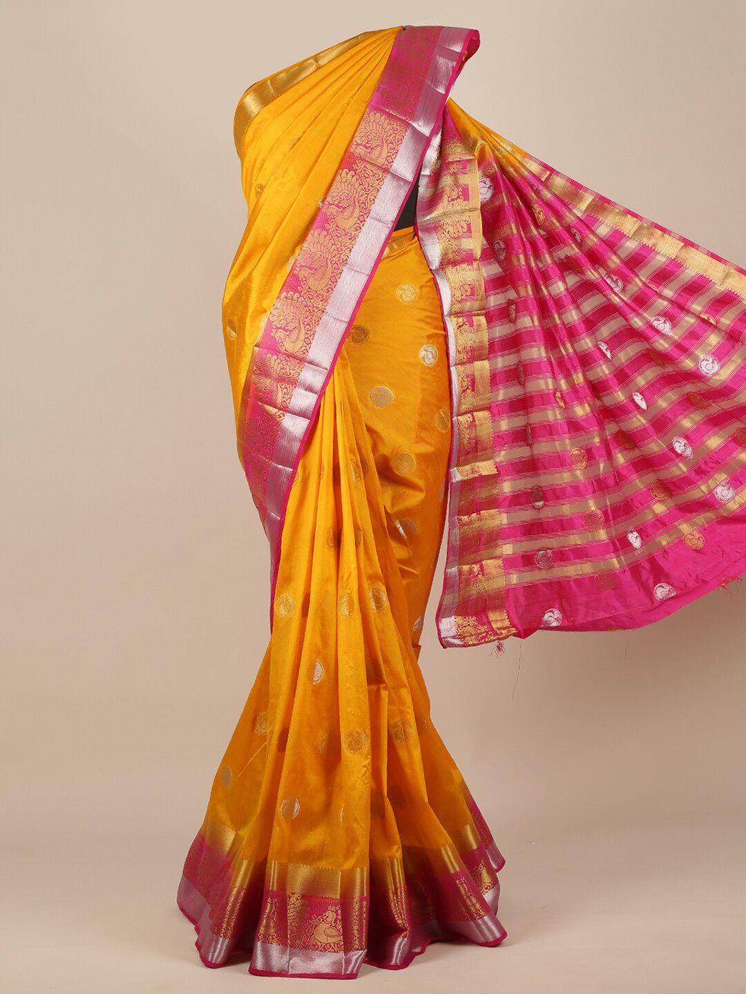 Pothys Yellow & Pink Ethnic Motifs Zari Jute Silk Saree