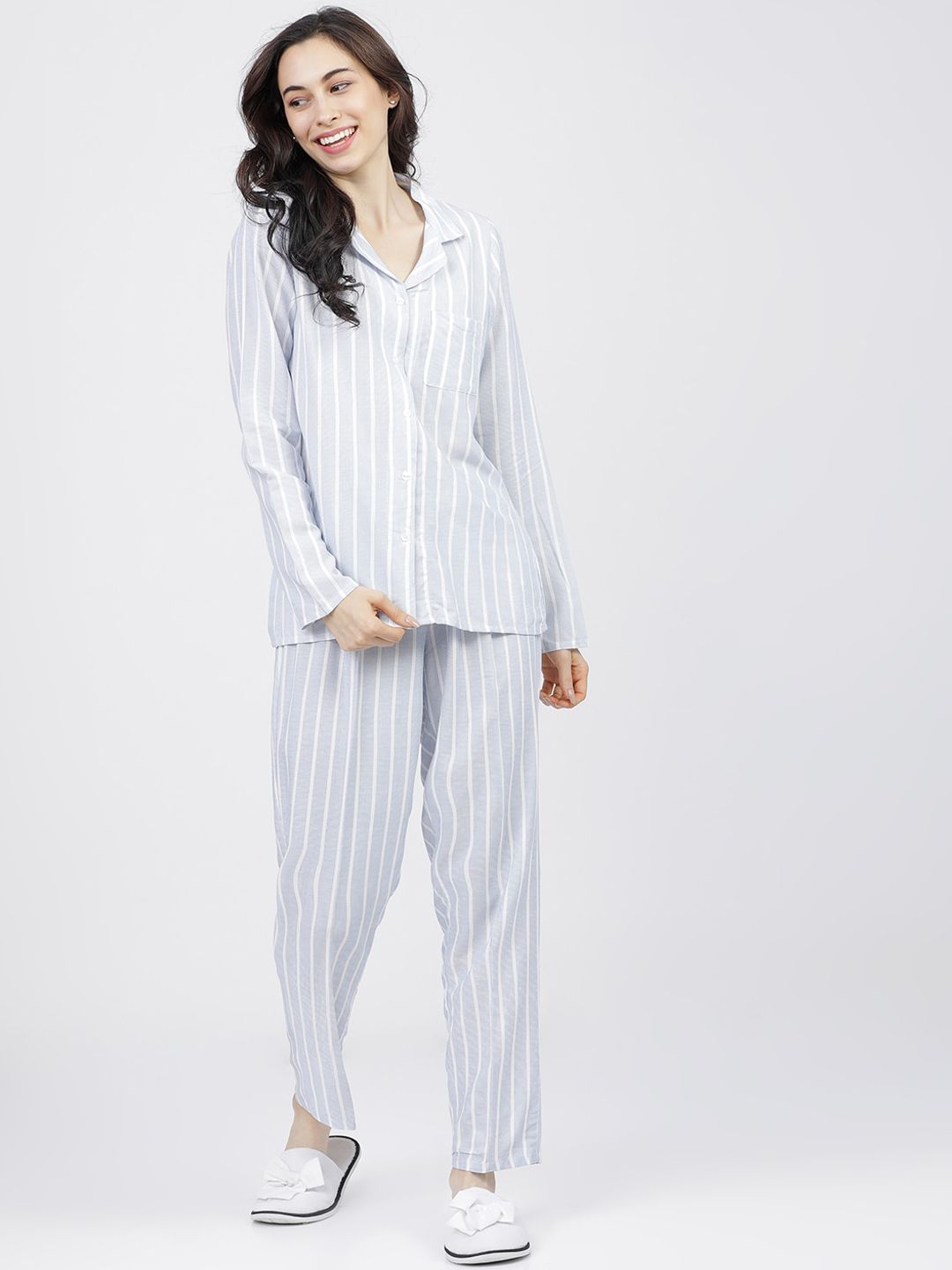 Tokyo Talkies Women Blue & White Striped Night suit Price in India