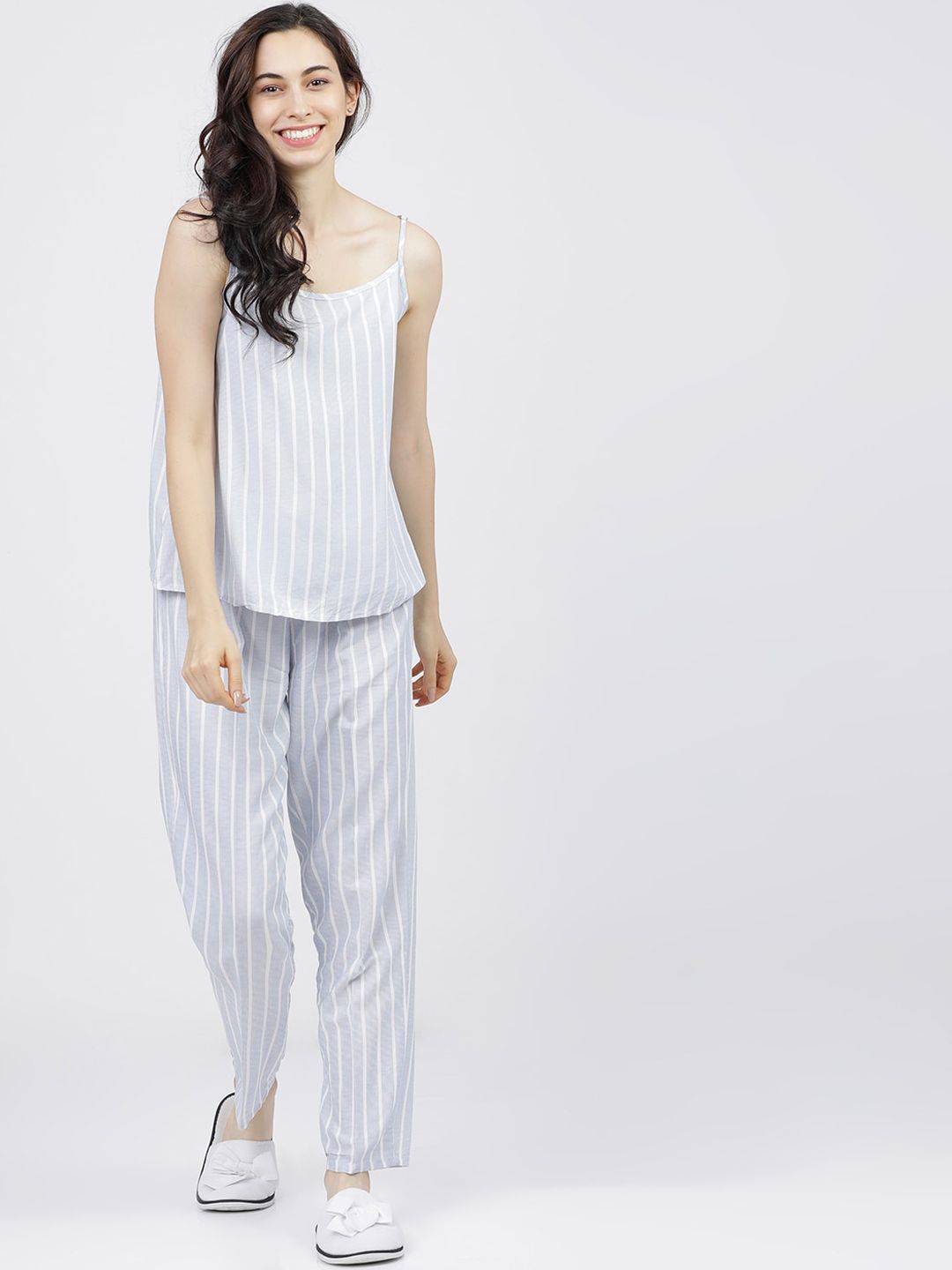 Tokyo Talkies Women Blue & White Striped Night suit Price in India