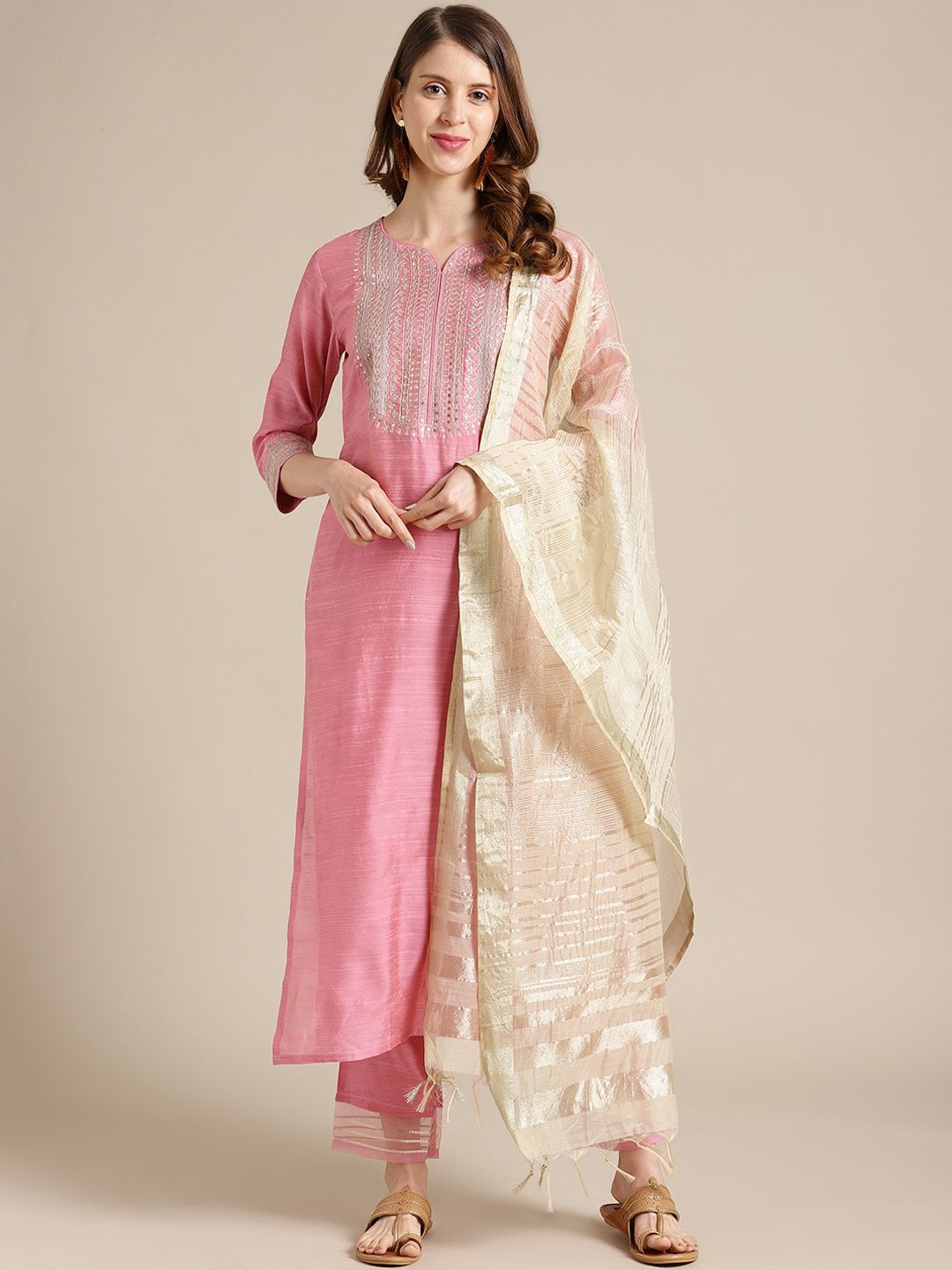 Varanga Women Pink & Gold Coloured Yoke Design Kurta With Trousers & Dupatta Price in India