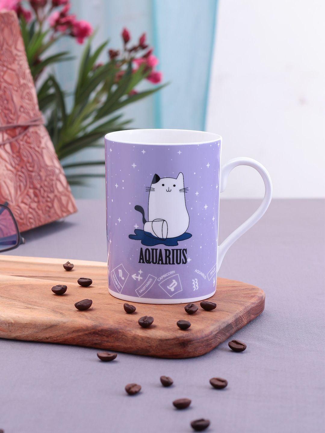 CLAY CRAFT Lavender & White Aquarius Zodiac Printed Ceramic Glossy Mug Price in India