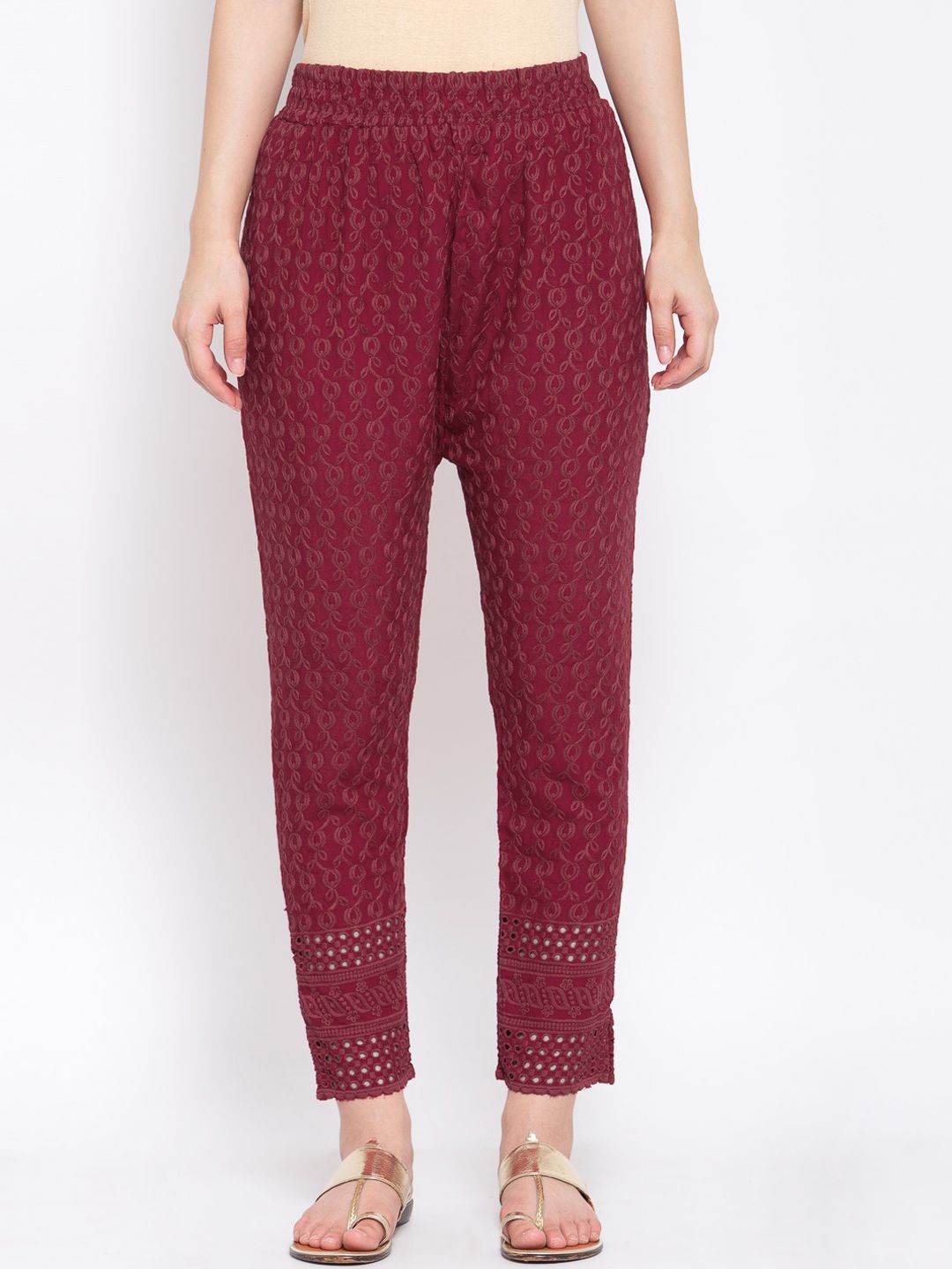 KLOTTHE Women Maroon Embroidered Slim Fit Cotton Trousers Price in India