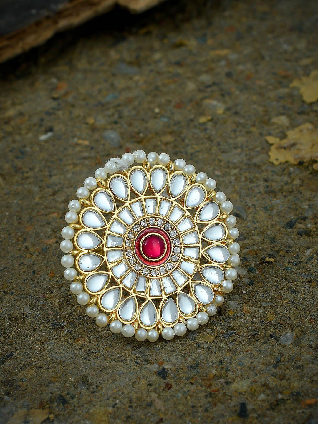 Silvermerc Designs Gold-Plated White & Red Kundan-Studded Beaded Meenakari Adjustable Statement Finger Ring Price in India