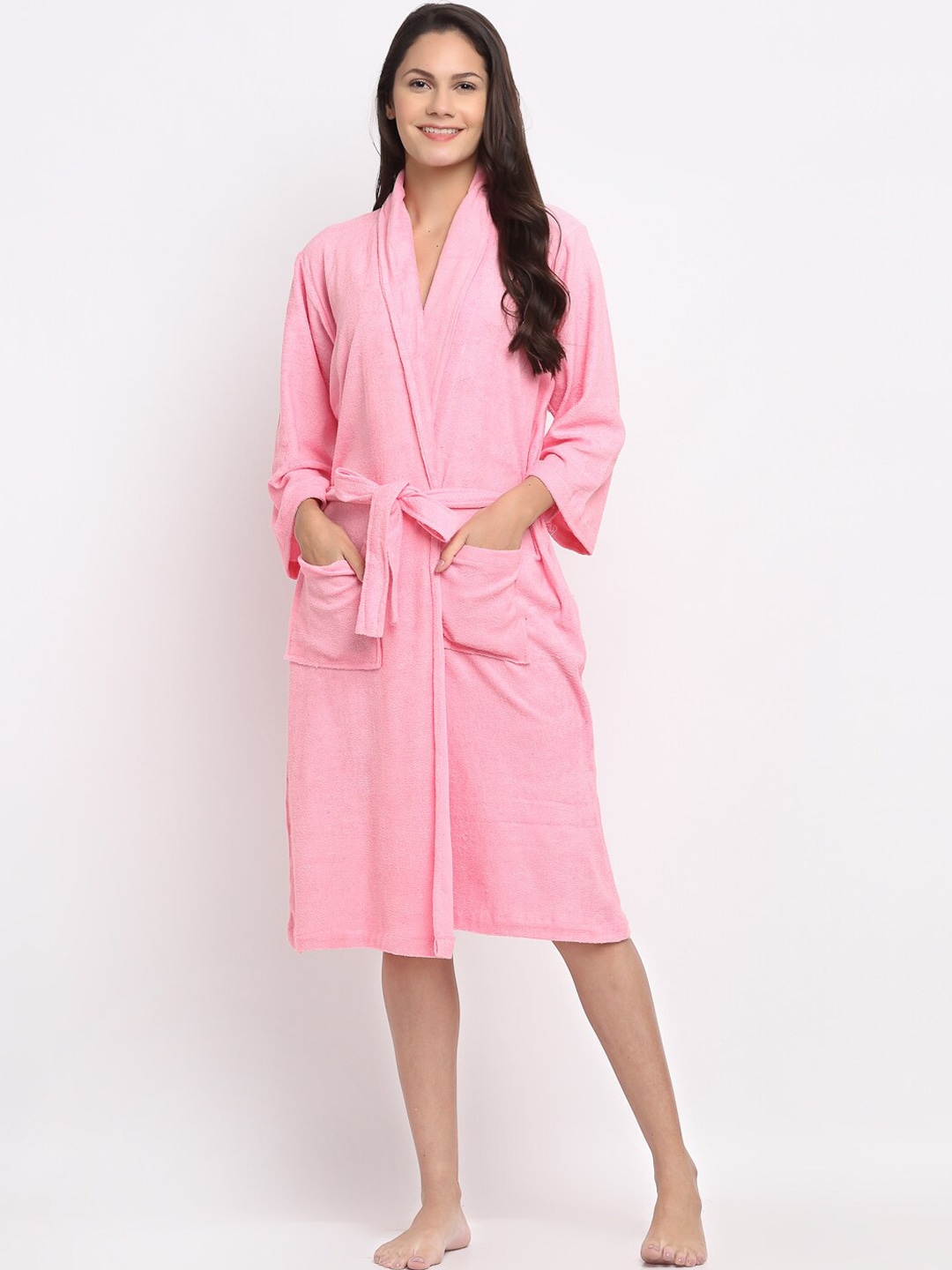 ELEVANTO Women Pink Solid Cotton Bathrobe Price in India