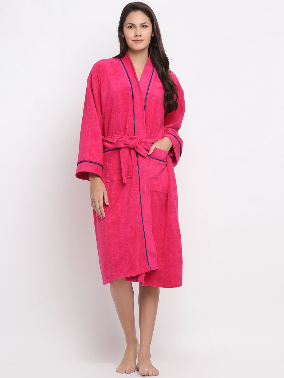 ELEVANTO Women Fuchsia Pink Solid 380 GSM Pure Cotton Bath Robe Price in India