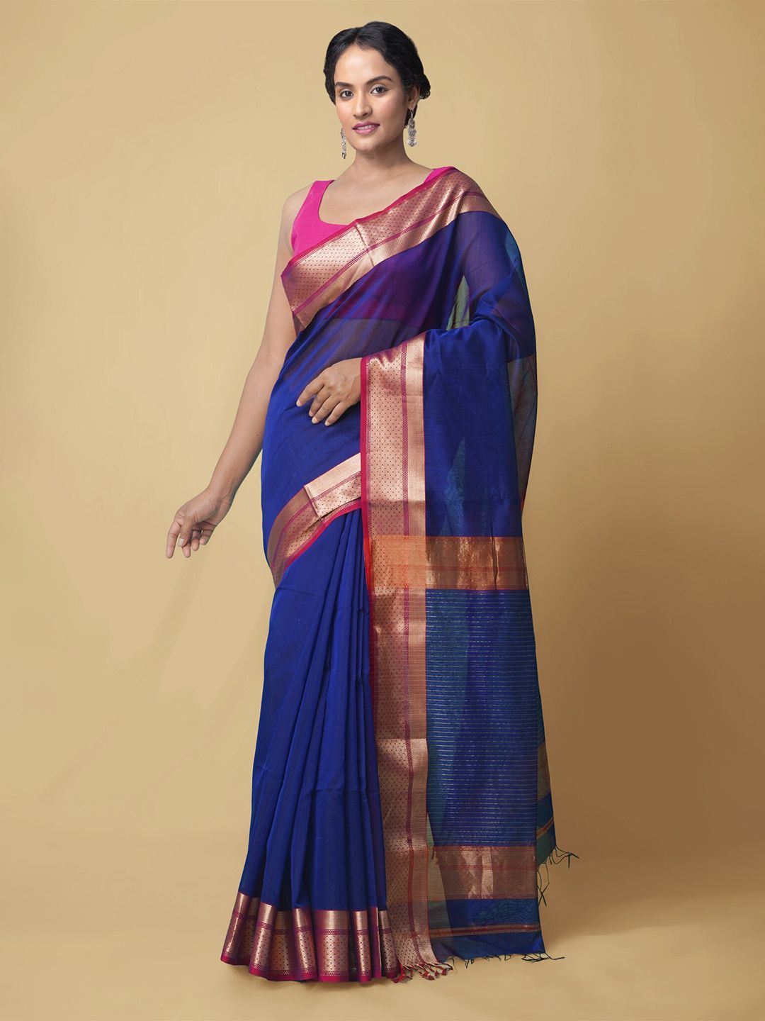 Unnati Silks Blue Zari Silk Cotton Maheshwari Saree