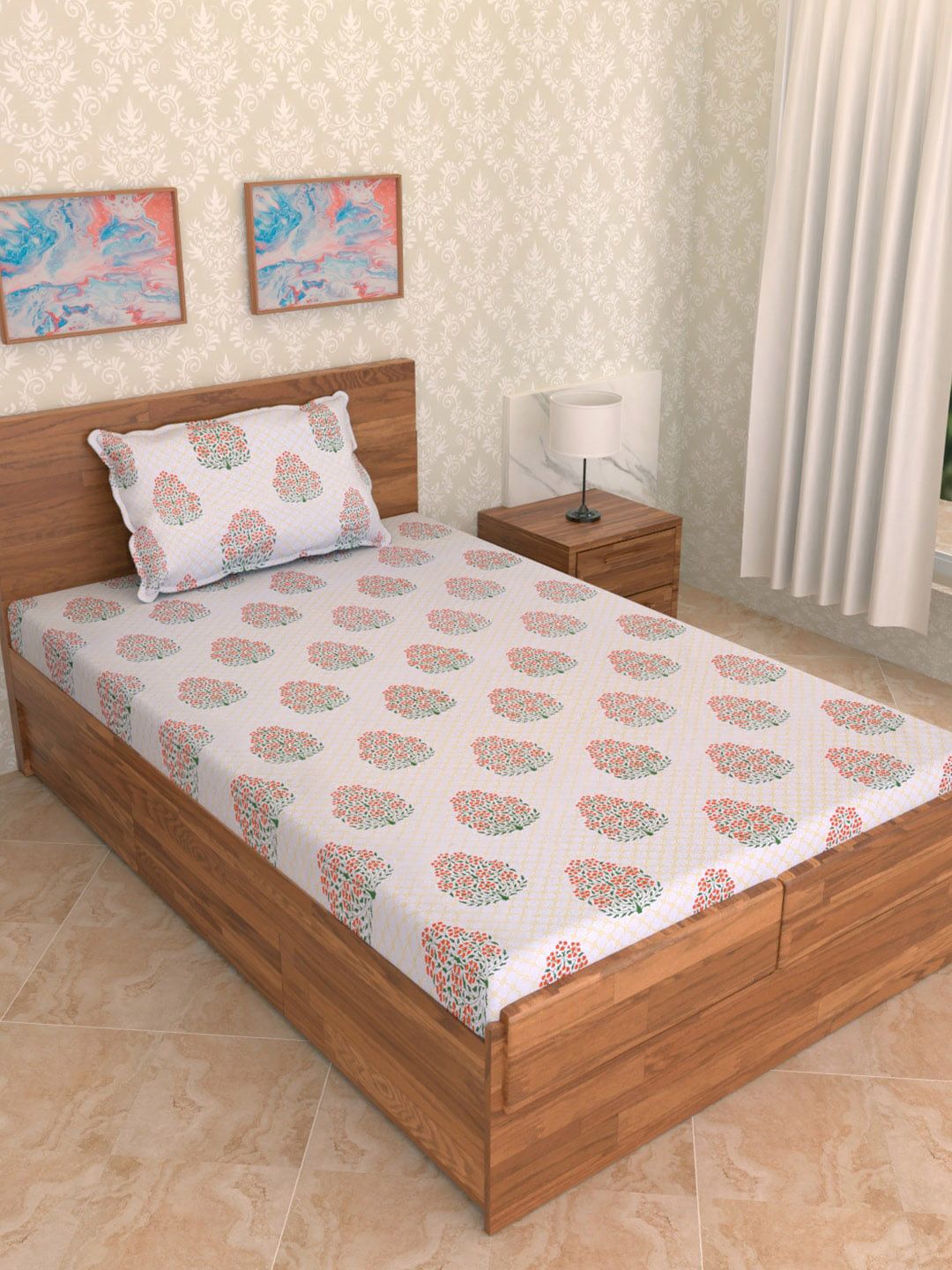 Soumya White & Orange Floral Printed Pure Cotton Single Bed Cover With Pillow Cover Price in India
