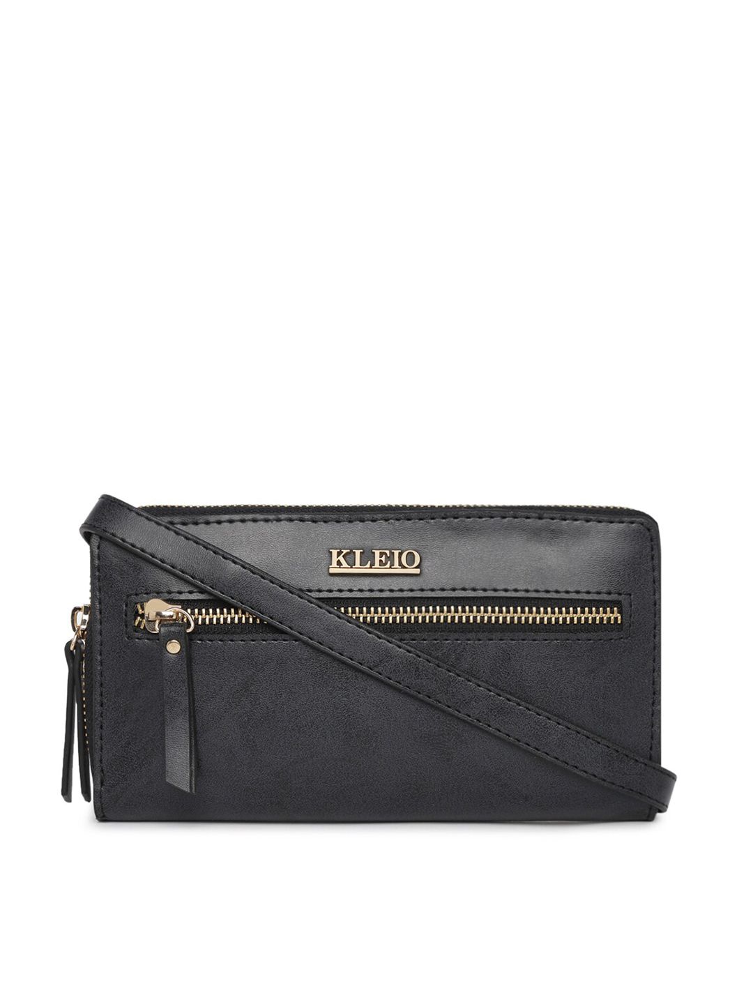 KLEIO Women Black Solid PU Zip Around Wallet with Sling Strap Price in India