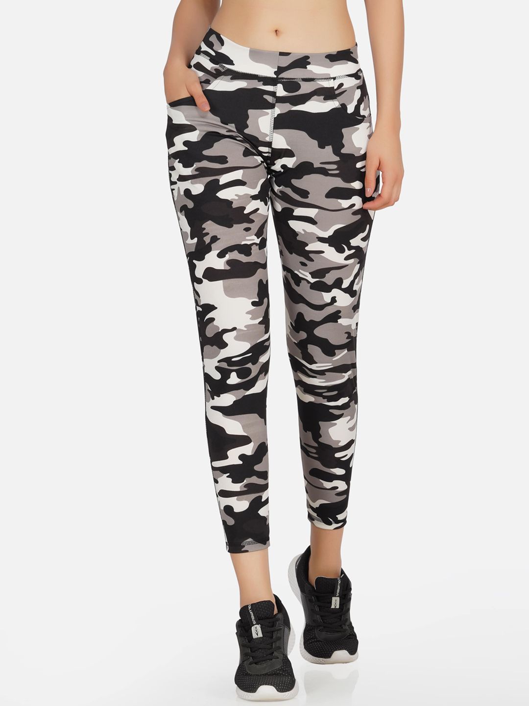 NEU LOOK FASHION Women Black & Grey Camouflage Printed Slim-Fit Track Pants Price in India