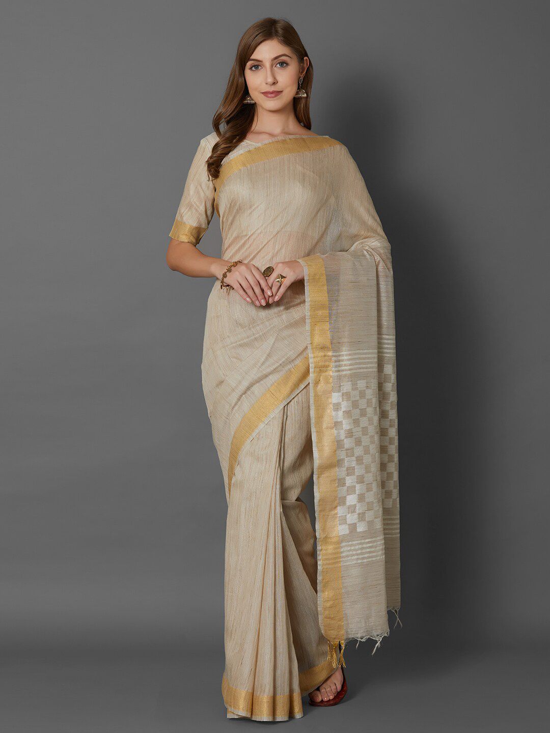 Mitera Beige & Gold-Toned Zari Art Silk Bhagalpuri Handloom Saree