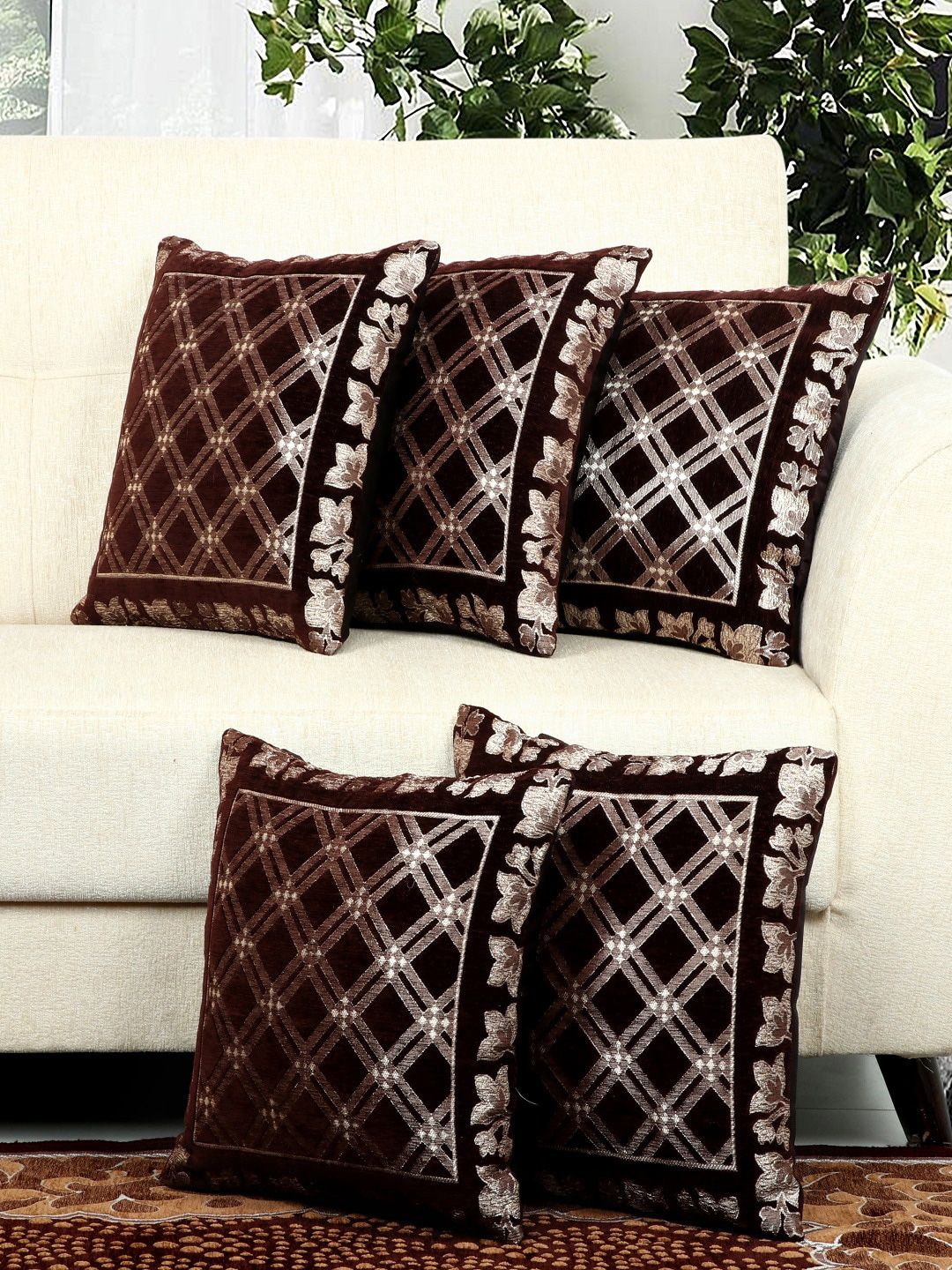 BELLA TRUE Brown & Gold-Toned Set of 5 Checked Square Cushion Covers Price in India