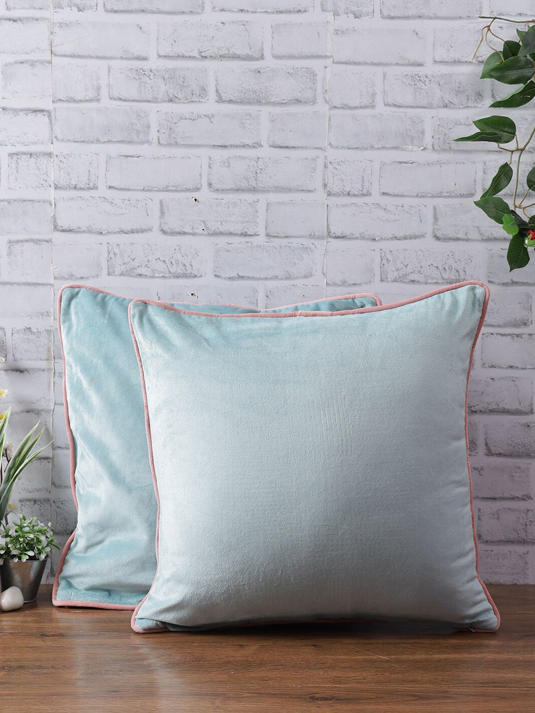 eyda Turquoise Blue & Pink Set of 2 Velvet Square Cushion Covers Price in India