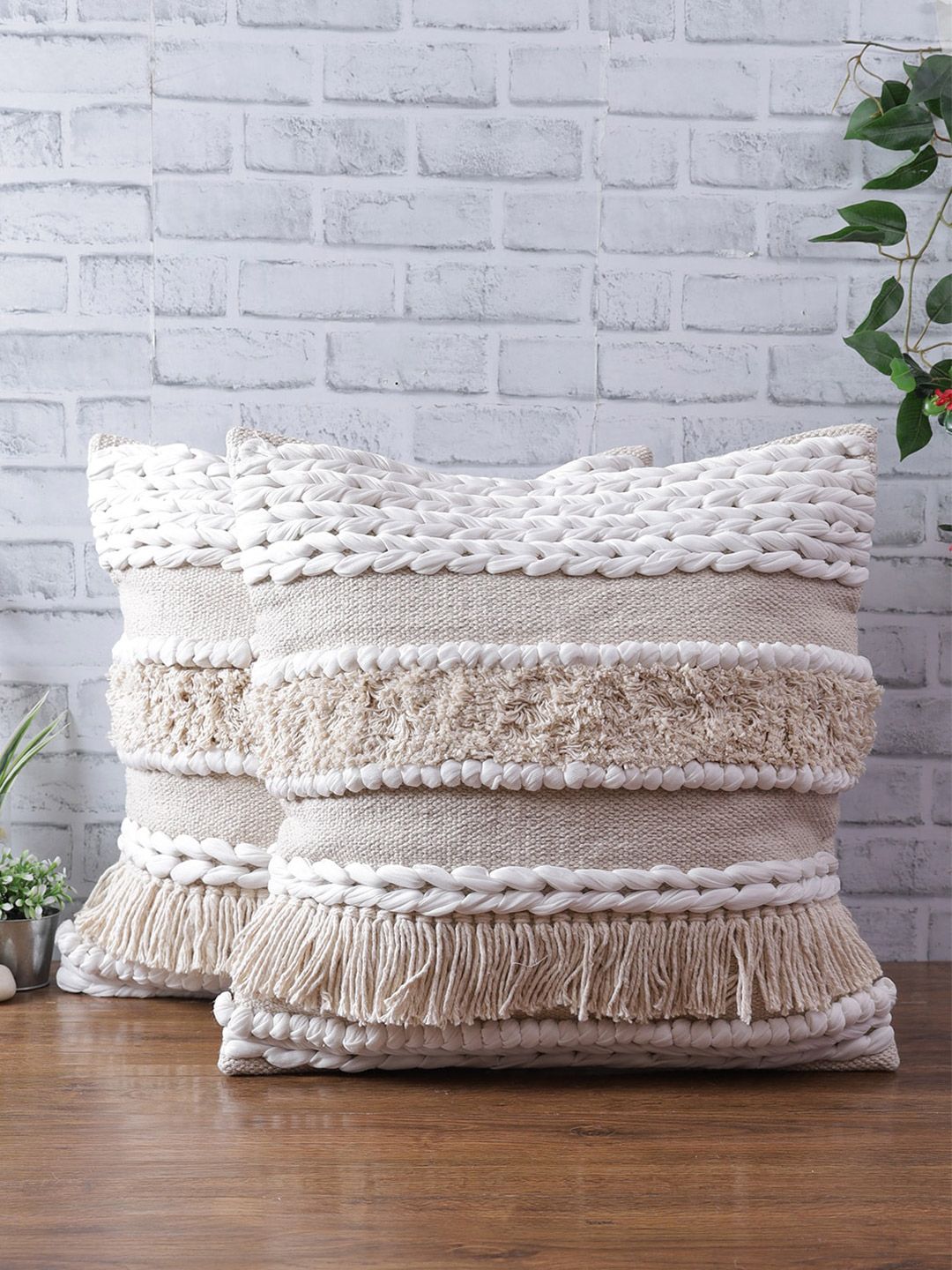 eyda Set Of 2 Beige & White Self Design Square Cushion Covers Price in India