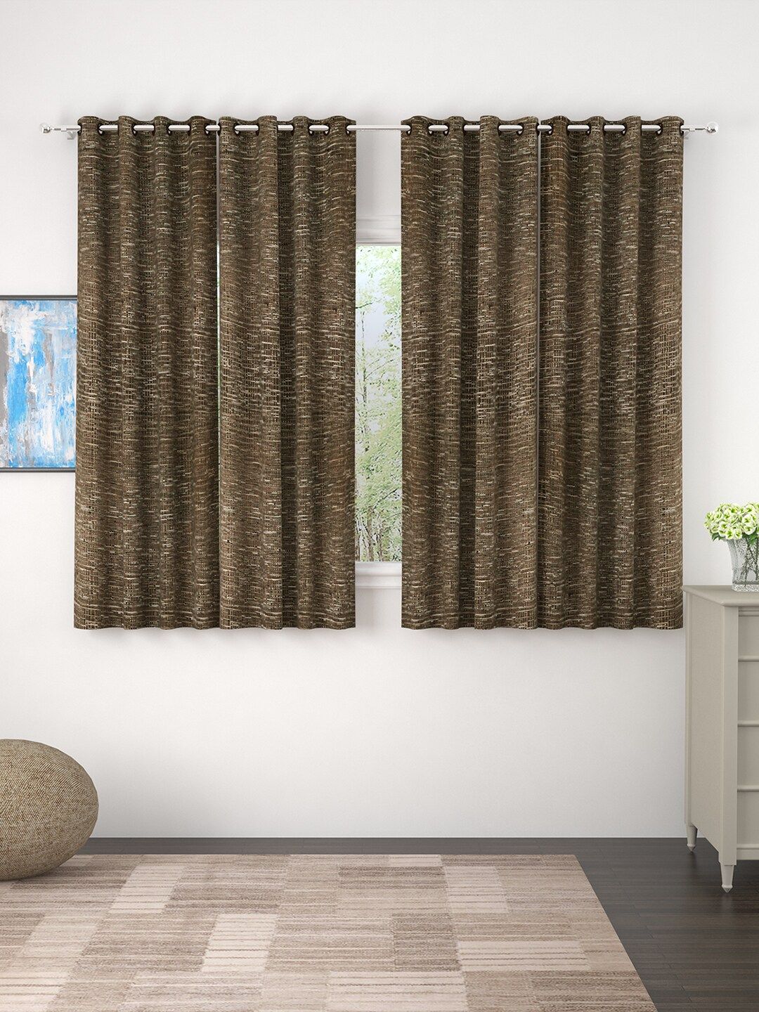 Story@home Brown Set of 4 Premium Jacquard 350GSM Room Darkening Eyelet Window Curtains Price in India