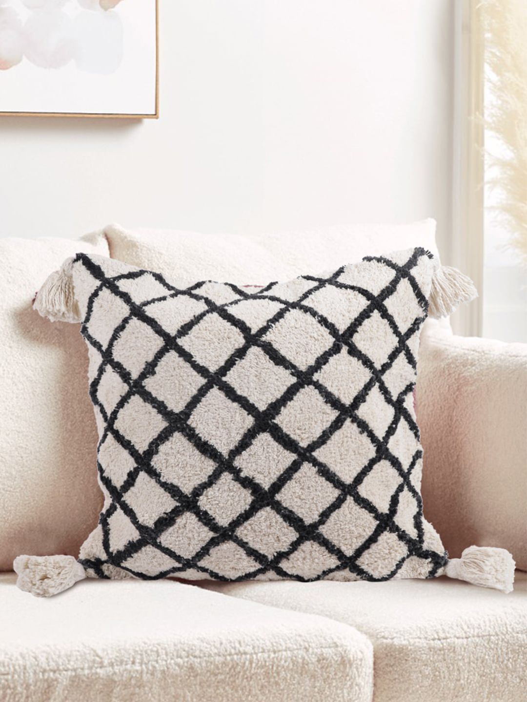 eyda Set Of 2 Cream & Black Geometric Square Cushion Covers Price in India