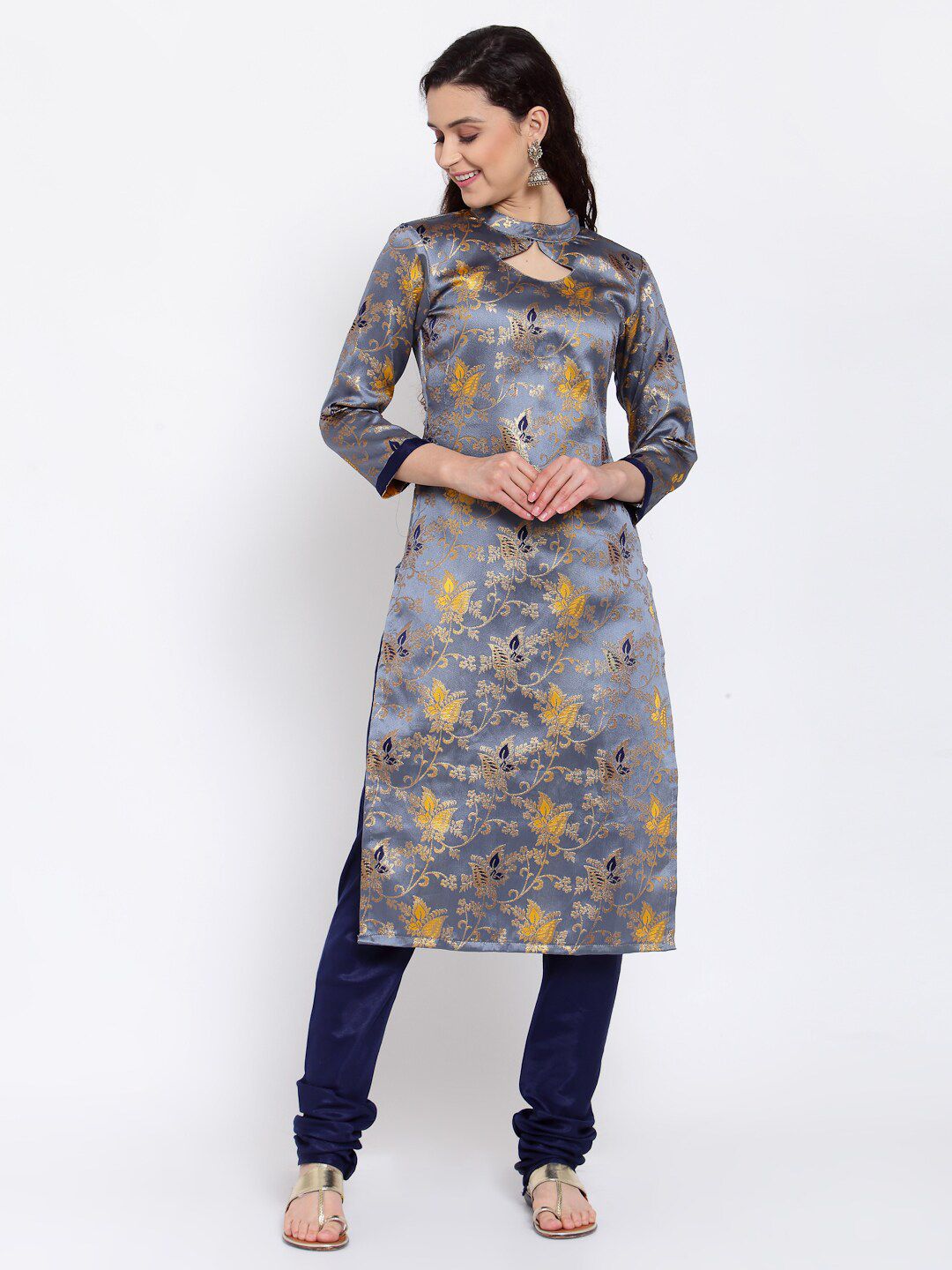 Me Lady Fashion Grey & Yellow Unstitched Dress Material Price in India